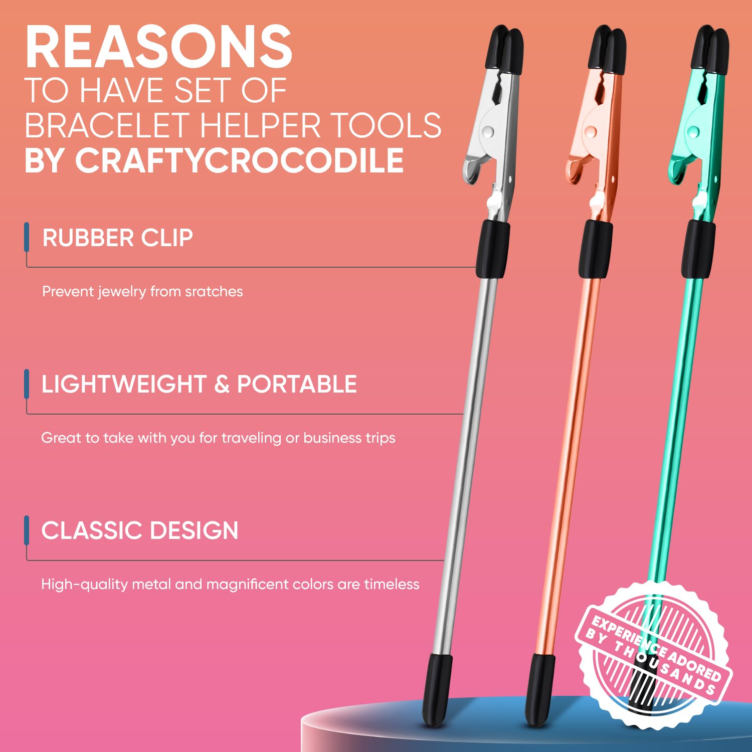 CraftyCrocodile Set of 3 Bracelet Helper Tool - Fastener Tool for Bracelet, Necklace, Jewelry, Watch - Сlip, Clasp Helper - Easy to Put on Yourself, Portable, Made of Metal, Silver, Rose, Teal