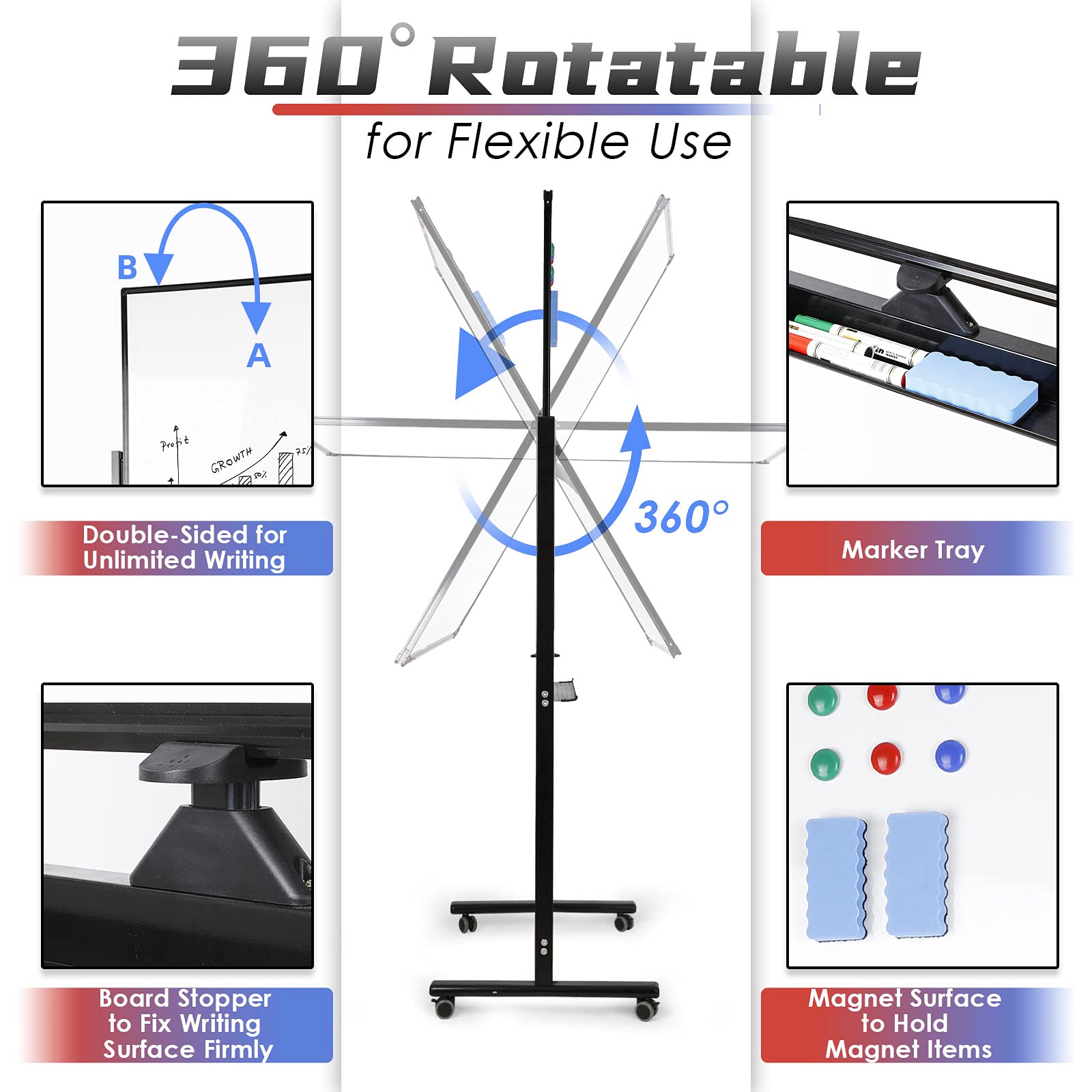 Mobile Whiteboard, 40x24 inches Double Sided Reversible Whiteboard on Wheels, Rolling Stand Portable Easel Frame for Office Classroom Home, Black