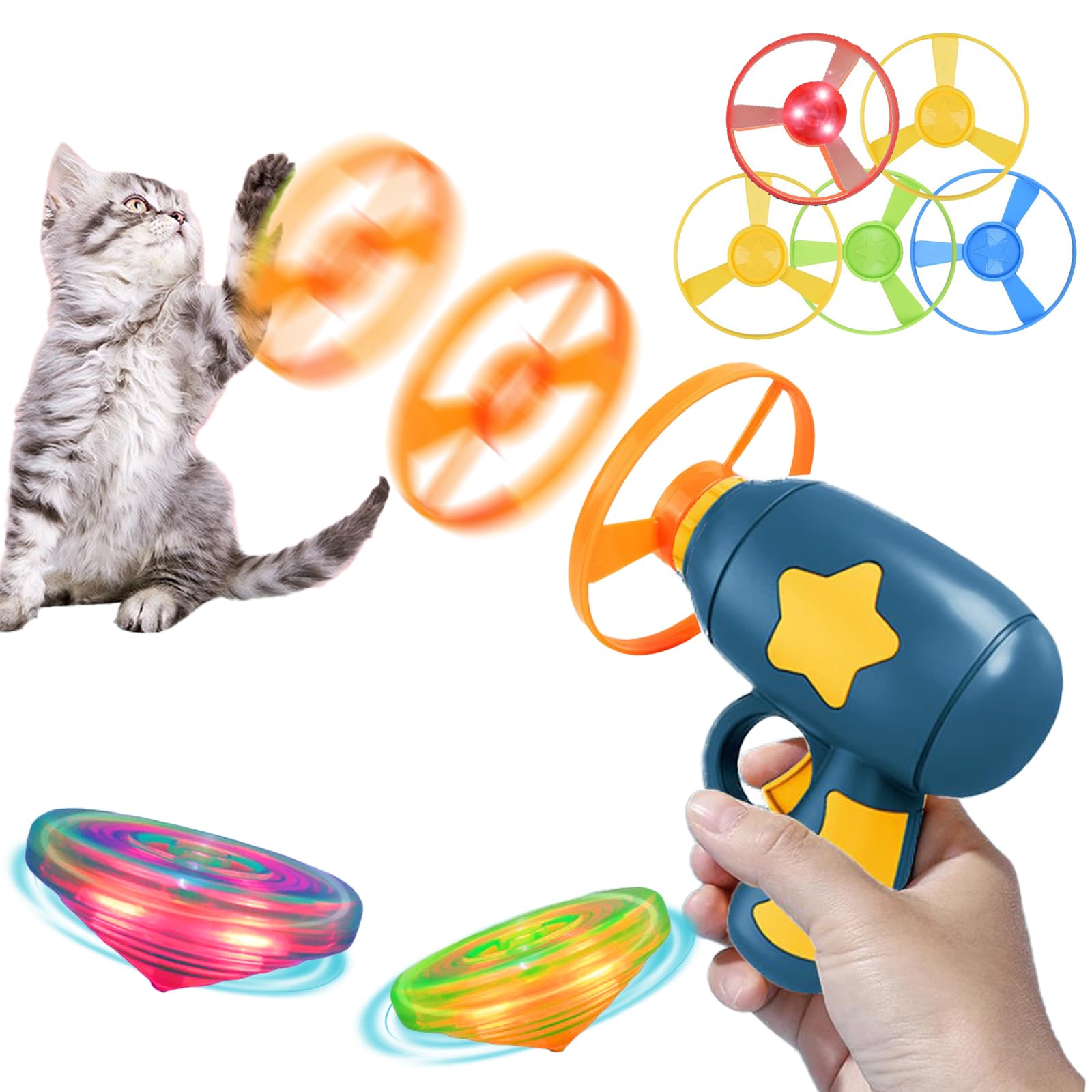 Vilbocr Glow Flying Disc Launcher Outdoor Toys for Kids Ages 3-12 Flying Saucer Toy disc Launcher Spinner disc Guns Flying Disc for Indoor Outdoor Games Cat Fetch Toy (Blue)