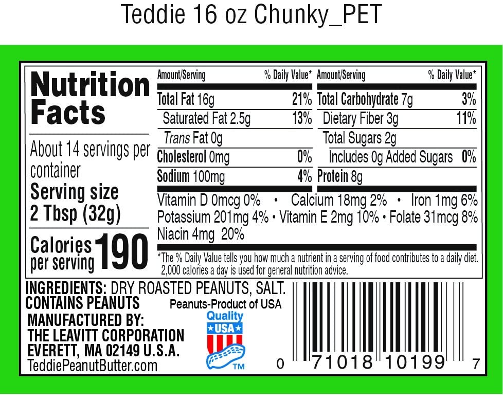 Teddie All Natural Peanut Butter, Super Chunky, Gluten Free & Vegan, 16 Ounce (Pack of 4)