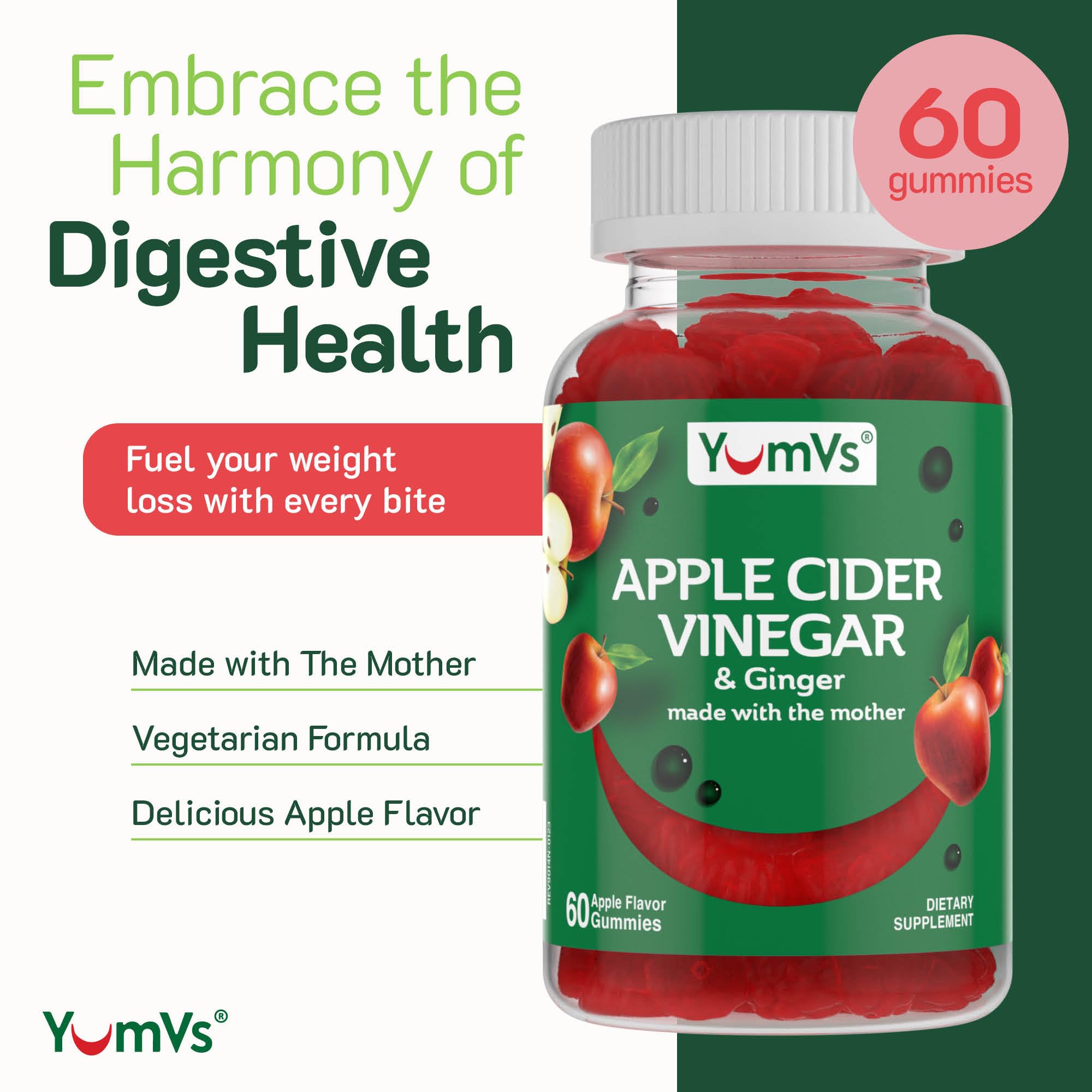 Apple Cider Vinegar Gummies with The Mother + Ginger by YumVs | Non GMO, Vegetarian Supplement for Women & Men | Heart Health and Digestive Support | Natural Apple Flavor Chewables - 60 Count