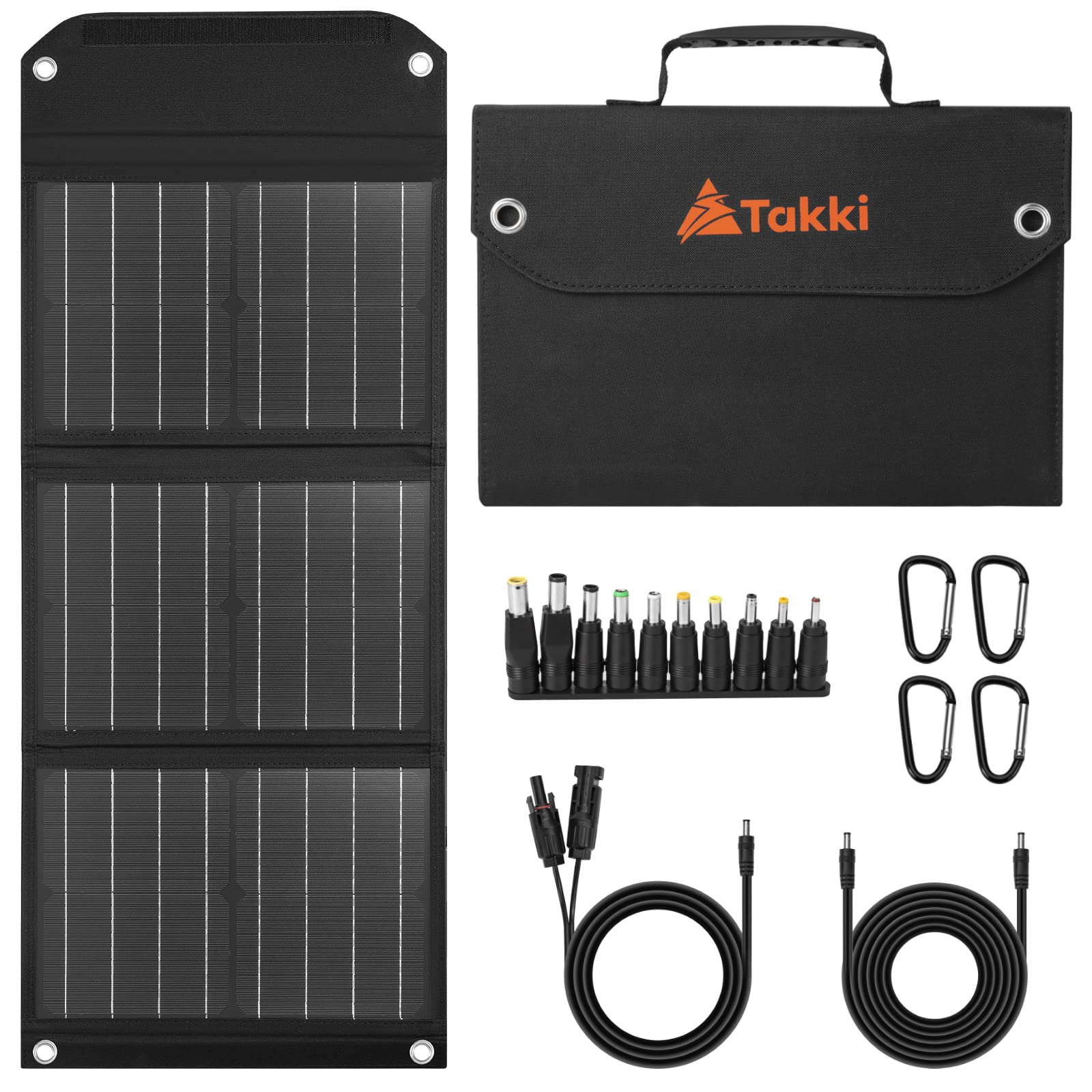 Takki 30W Solar Panel, Foldable Solar Panel Battery Charger Kit with USB DC Type-C Ports for Phones Laptop Portable Power Station Generator Camping Tent Home Off-Grid RV Outdoor, 10 Connectors