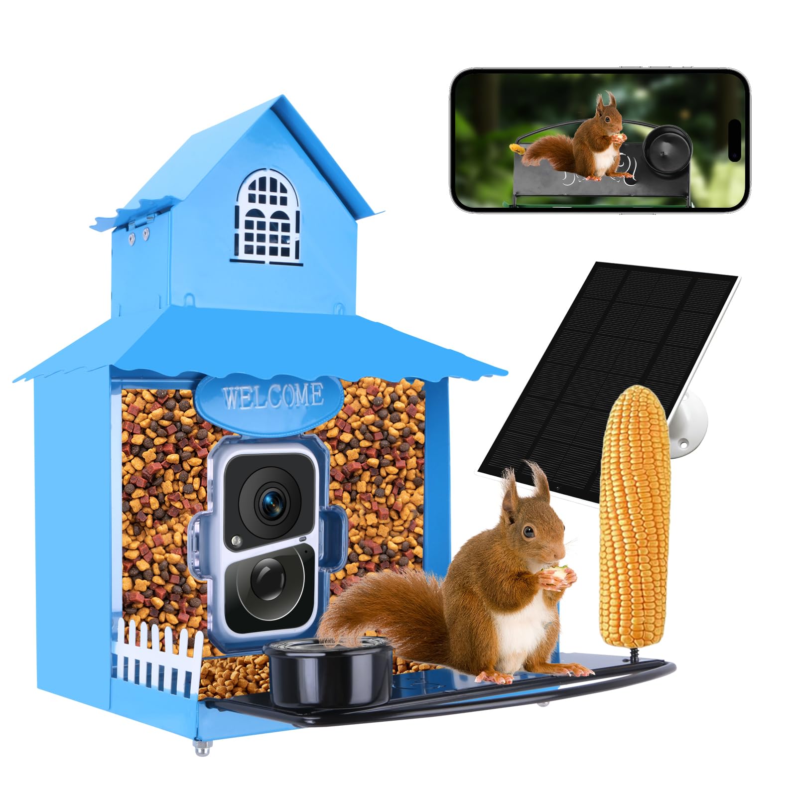 Squirrel Feeder with Camera Solar Powered,Metal Smart Squirrel Feeder Camera with Corn Cob Holder,Squirrel Houses for Outside,2K HD Live View,Ideal for Squirrel Lover