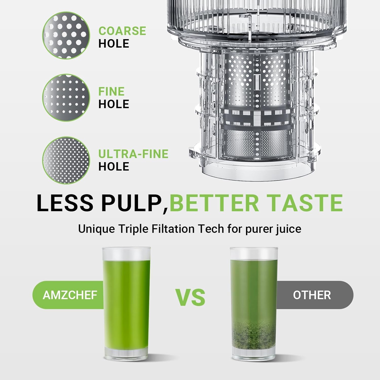 AMZCHEF Cold Press Juicer, Juicer Machines - 5.2" Large Feed Chute for Whole Fruits & Vegetables, Stainless Steel Slow Masticating Juicer Easy to Clean, Large Auger, Triple Strainers, Silver