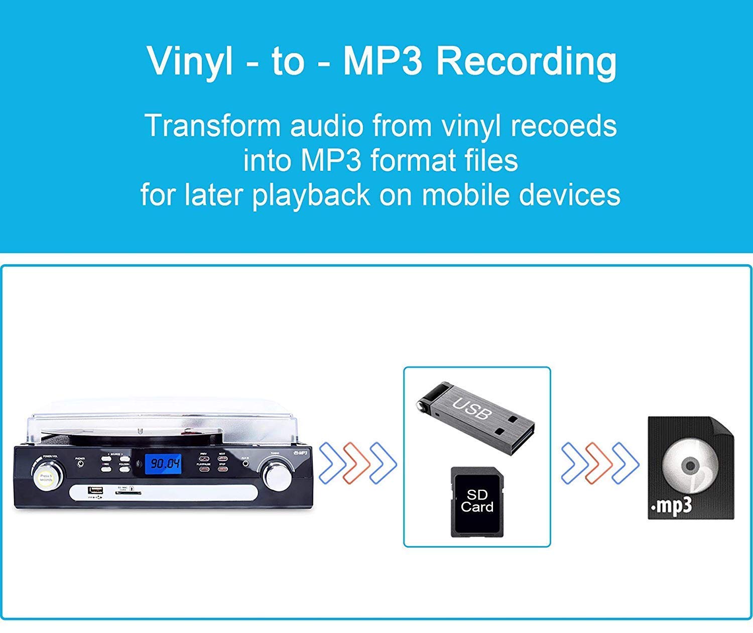 DIGITNOW Bluetooth Record Player with Stereo Speakers, Turntable for Vinyl to MP3 with Cassette Play, AM/FM Radio, Remote Control, USB/SD Encoding, 3.5mm Music Output Jack(Black)