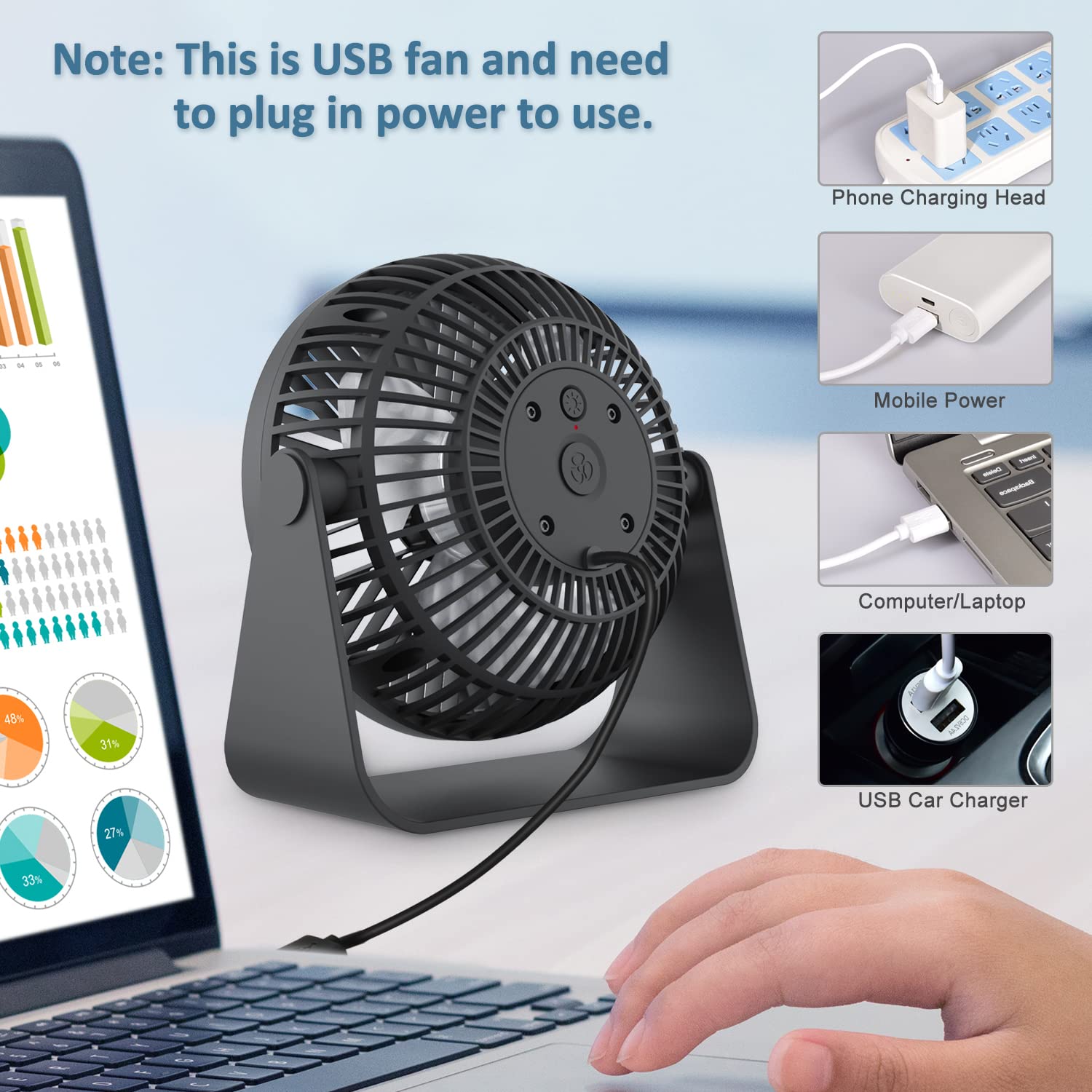 GagetElec USB Desk Fan with LED Night Lights,3 Speeds Cooling Small Fan,360°Rotation Strong Wind Table Fan,Quiet Mini USB Fan for Home Office Outdoor Travel 5.3 Inch (T5-01)