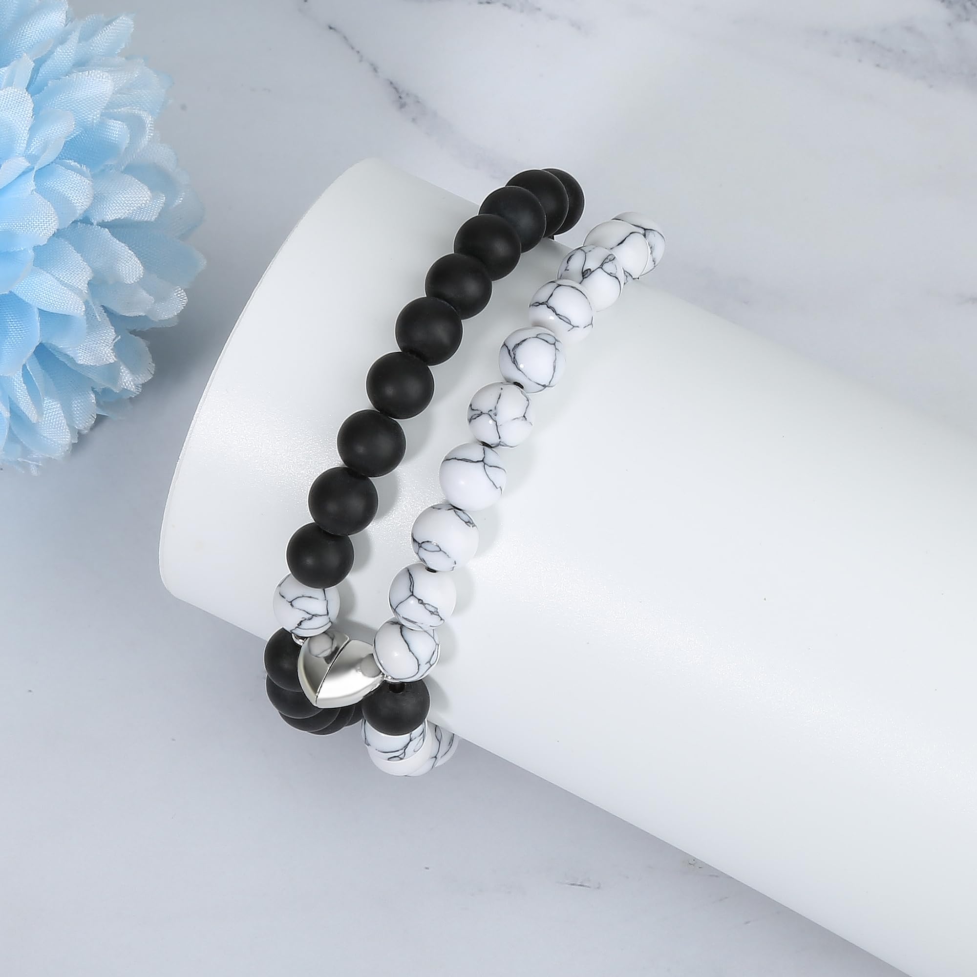 Couple Matching Bracelets, Bf And Gf Bracelets, Best Friend Bracelet,Stretch Adjustable Bead Bracelets Christmas Birthday Valentines Day Jewelry Gifts for Him and Her - Black and White