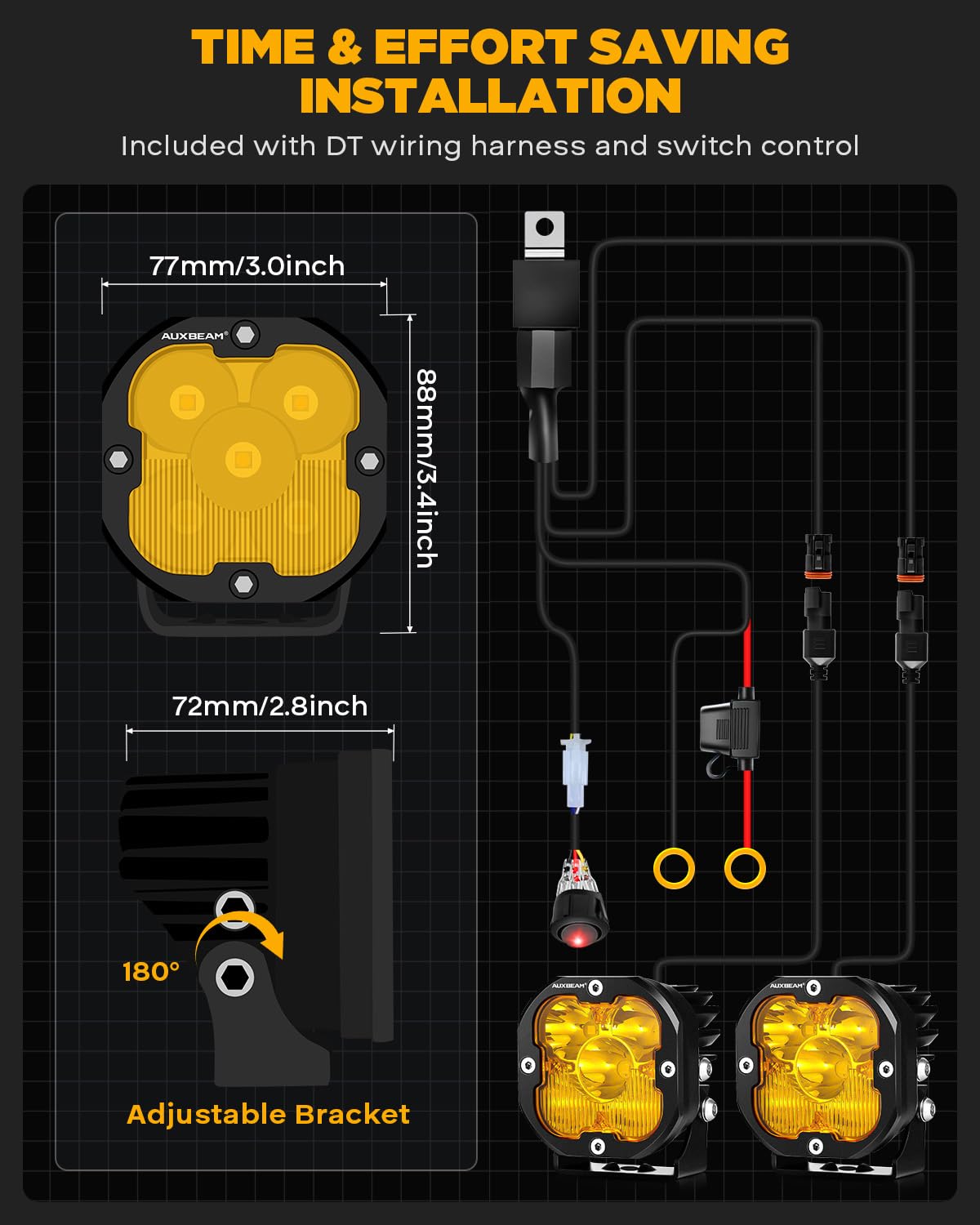 Auxbeam XP-Ultra Series 3" 80W Cube LED Pods White Spot Beam & Amber Combo Beam Replaceable Light Covers 9600LM Yellow Offroad Ditch Lights Driving Light Bar, Pair