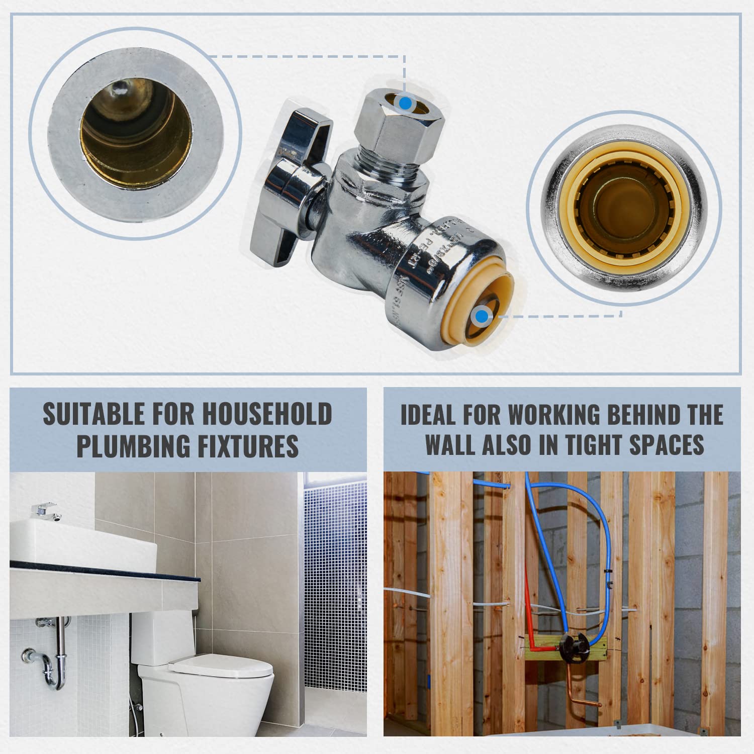 SUNGATOR Push Plumbing Fitting Kit 1/2 Inch, 10 Each Straight Coupling, Elbow, Angle Shut Off Valve, Tee (5 PCS), No Lead Brass Push to Connect Pex Pipe,Copper,CPVC, with 1 Disconnect Clip, Pack of 35