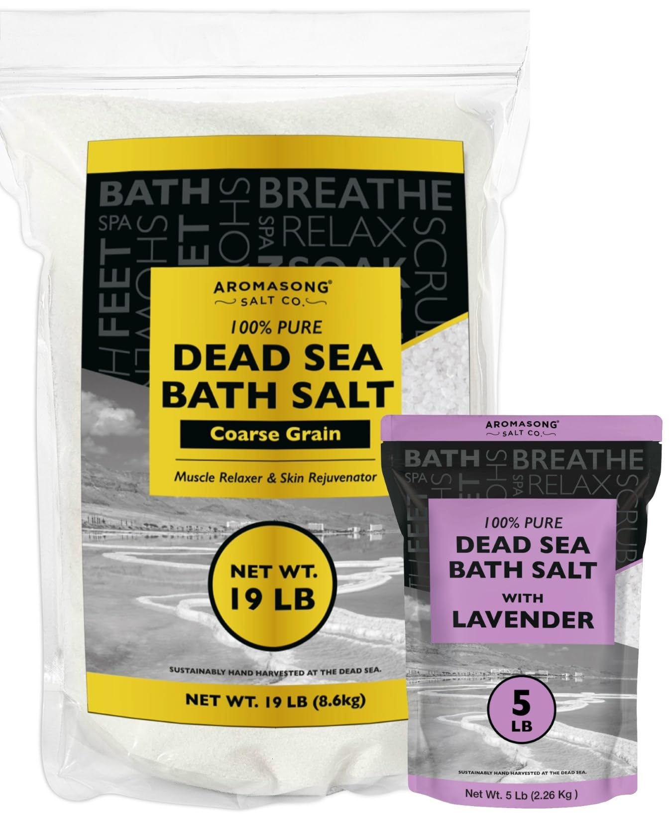 Aromasong Dead Sea Bath Salt 19 lb + Lavender Dead Sea Bath Salt 5 lb – Coarse Grain, 100% Natural Minerals, Skin Softening, Relaxation, Muscle Relief & Spa-Quality Soak at Home