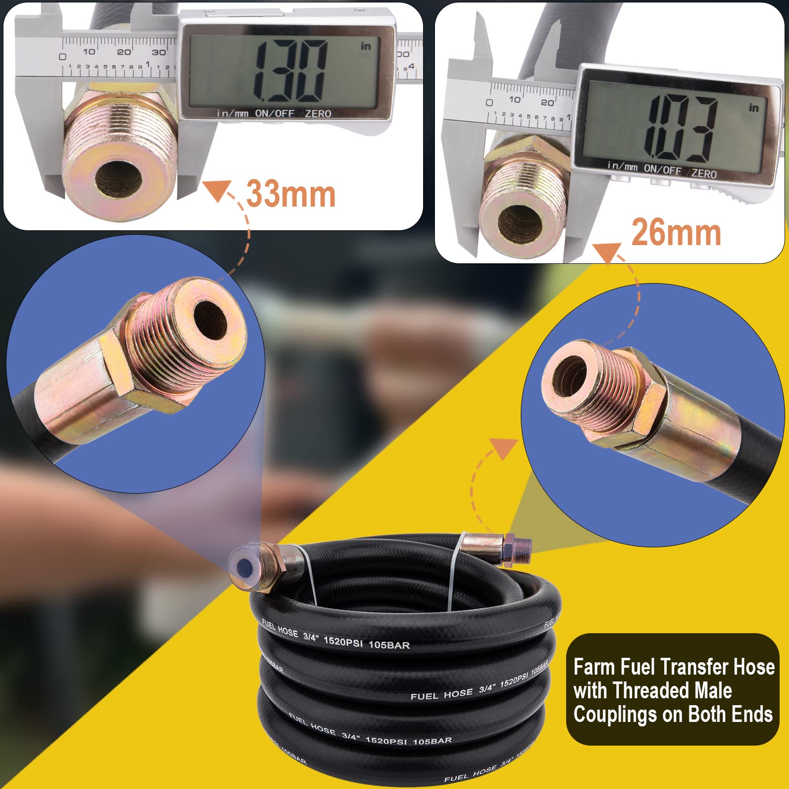 Fuel Transfer Hose, Fuel Hose 3/4" x 20' (6 m), 3/4 Fuel Hose 20 ft, Fuel Pump Hose 3/4 Inch, for Dispensing Diesel Fuel, Gasoline, Grease, Kerosene, Petroleum Oils - 3/4 Transfer Hose,Farm Fuel Hose