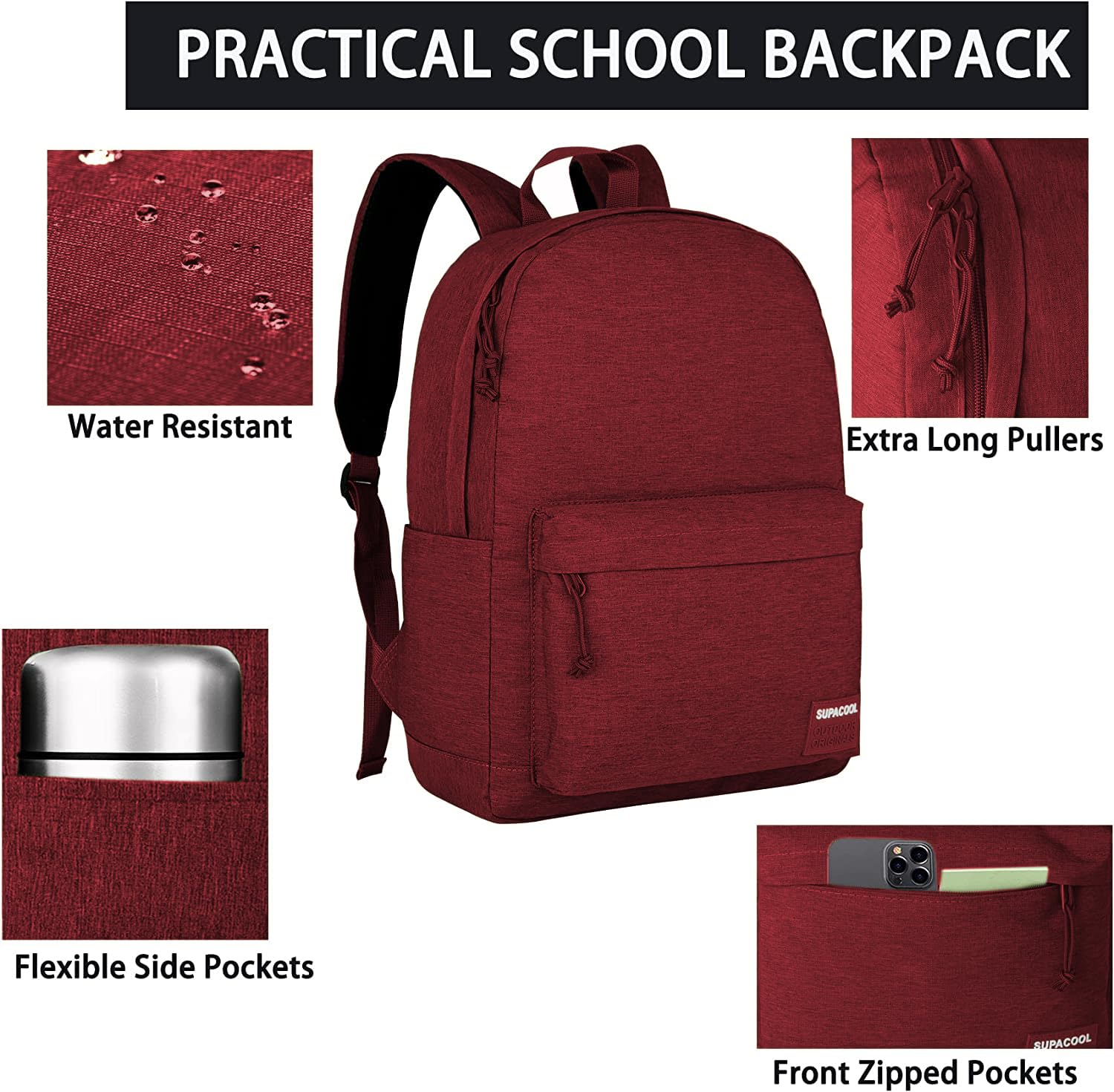 SUPACOOL Lightweight Casual Laptop Backpack & Pencil Pouch, School Backpack with USB Charging Port for Men and Women, Bookbag for Boys and Girld, Work Backpack(Garnet set)