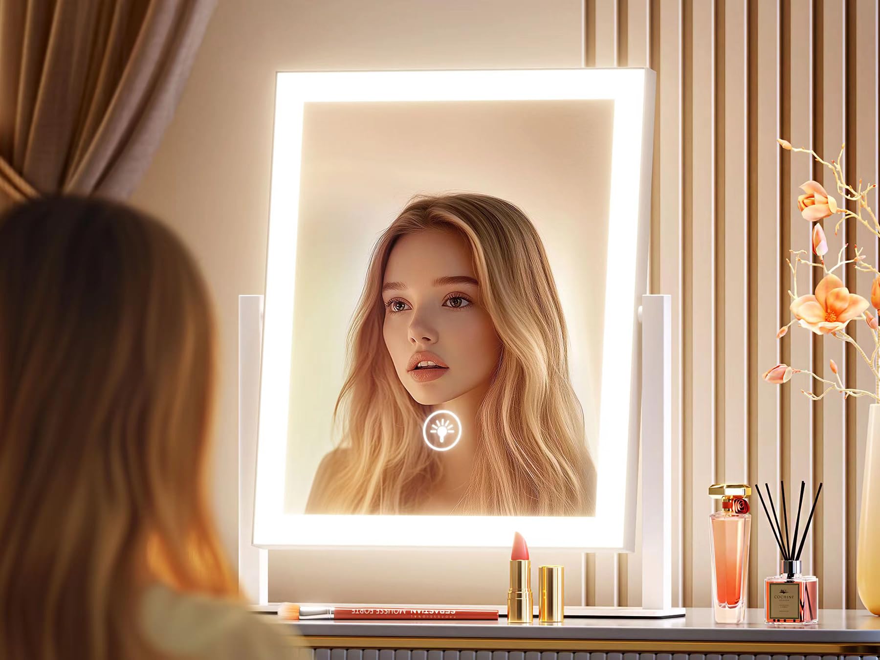 Gvnkvn 15.2" Lighted Makeup Mirror Hollywood Vanity Mirror with Lights, Three Color Modes,Detachable 10X Magnification Mirror, Smart Touch Control, 360°Rotation White