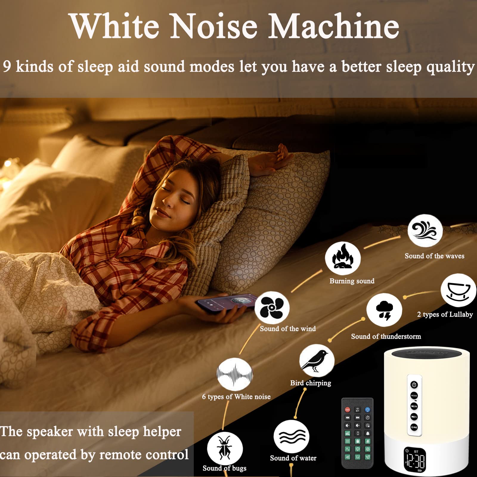 Alarm Clock Bluetooth Speaker, Night Light White Noise Machine Touch Bedside Lamp with Alarm Clock for Kids Multi-Color Changing Night Light Xmas Gifts for Teenage Girls Boys Women Teen Girl Gifts