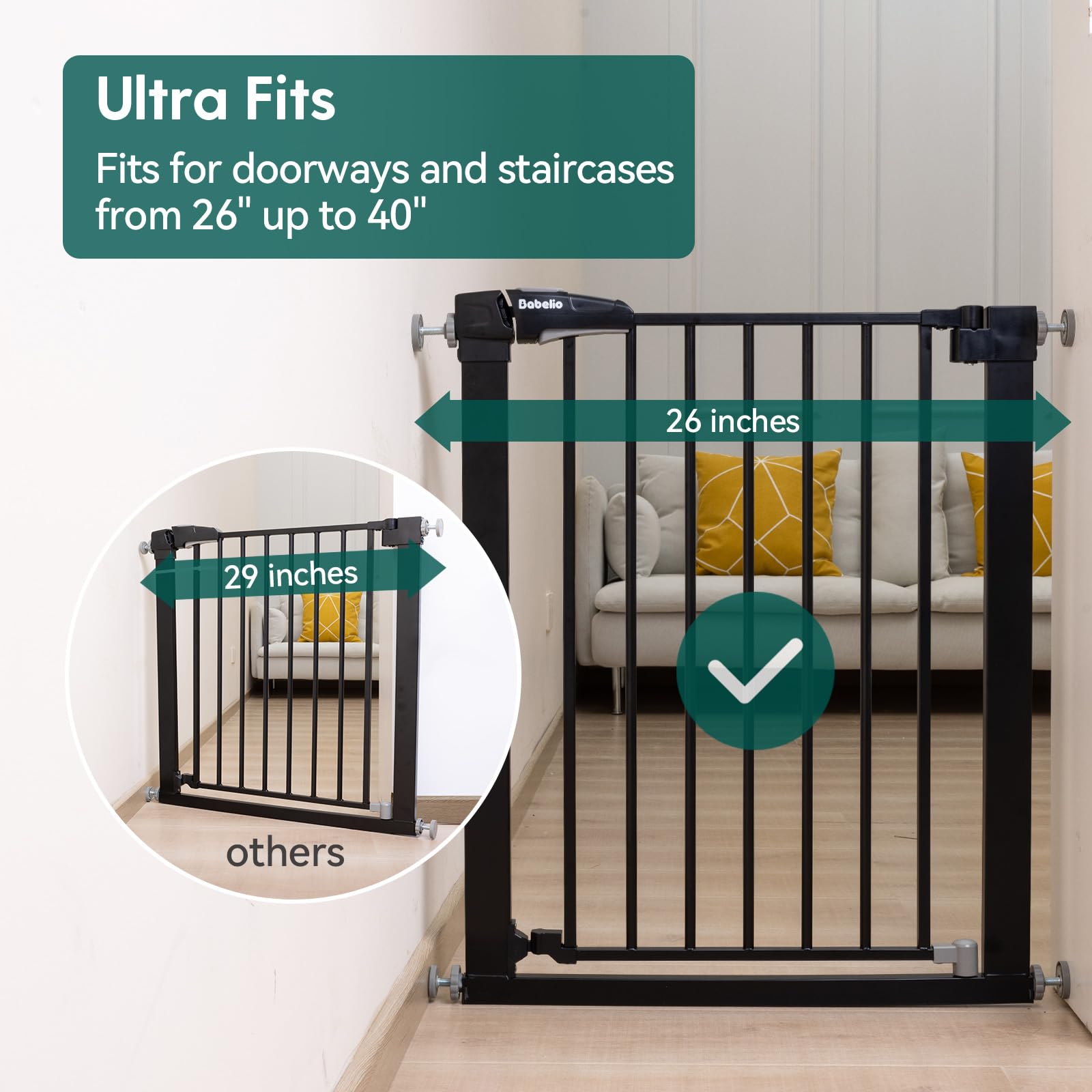 Babelio Baby Gate for Doorways and Stairs, 26''-40'' Auto Close Dog/Puppy Gate, Easy Install, Pressure Mounted, No Drilling, fits for Narrow and Wide Doorways, Safety Gate w/Door for Child and Pets