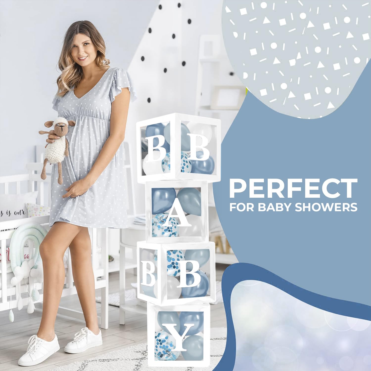 Balloon Garland Arch Kit – 146 Pcs Dusty Blue, White, Light Blue & Confetti Balloons & Baby Shower Boxes with Letters – White Boxes with White, Dusty Blue, Light Blue and Confetti Balloons