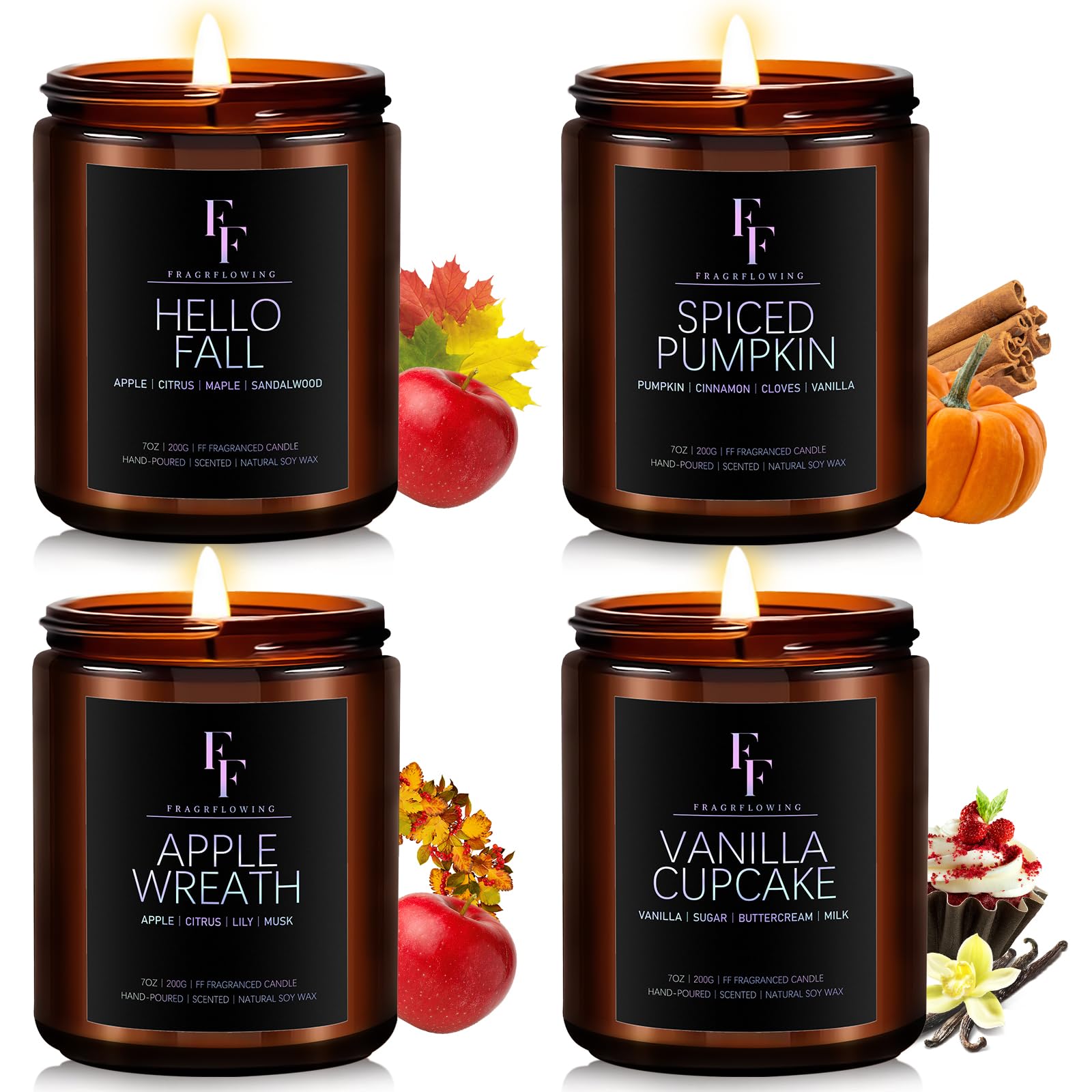 Winter Candles Set, 4 Pack Scented Candles for Home Natural Soy Wax, Holiday Gifts for Women Men, Winter Fragrance of Spice/Vanilla Cupcake/Apple Wreath/Hello Fall