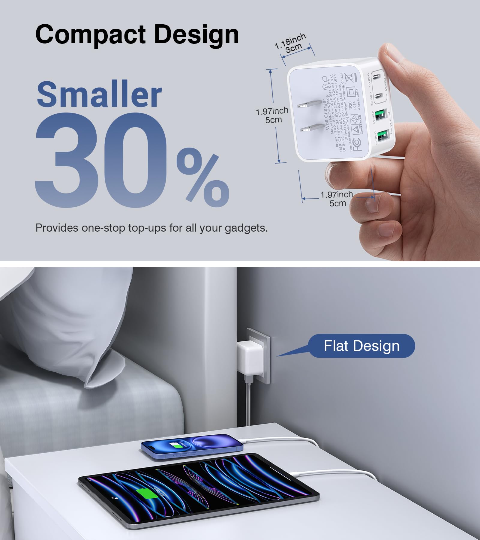 2-Pack USB C Wall Charger,40W USB-C Charger Cube,4-Port Type C Fast Charging Brick Dual PD&QC Wall Plug for iPhone16 15 14 13 12 11 Pro Max XR XS,iPad,AirPods,Iwatch,Huawei, Oneplus,Galaxy