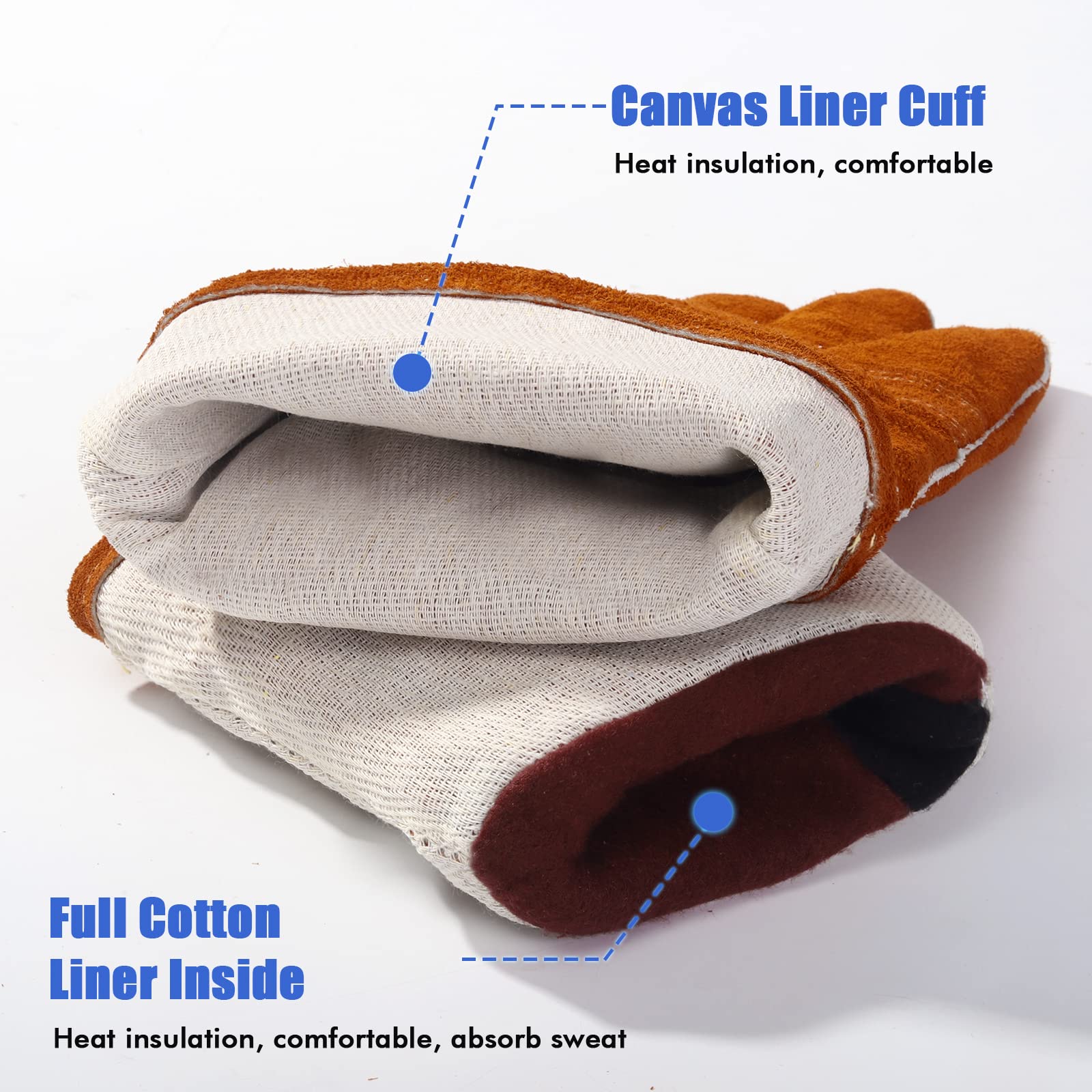 QeeLink Welding Gloves - Heat/Fire Resistant Lined Leather and Fireproof Stitching-Fireplace/BBQ/Gardening for Men or Women (14-inch, Brown)