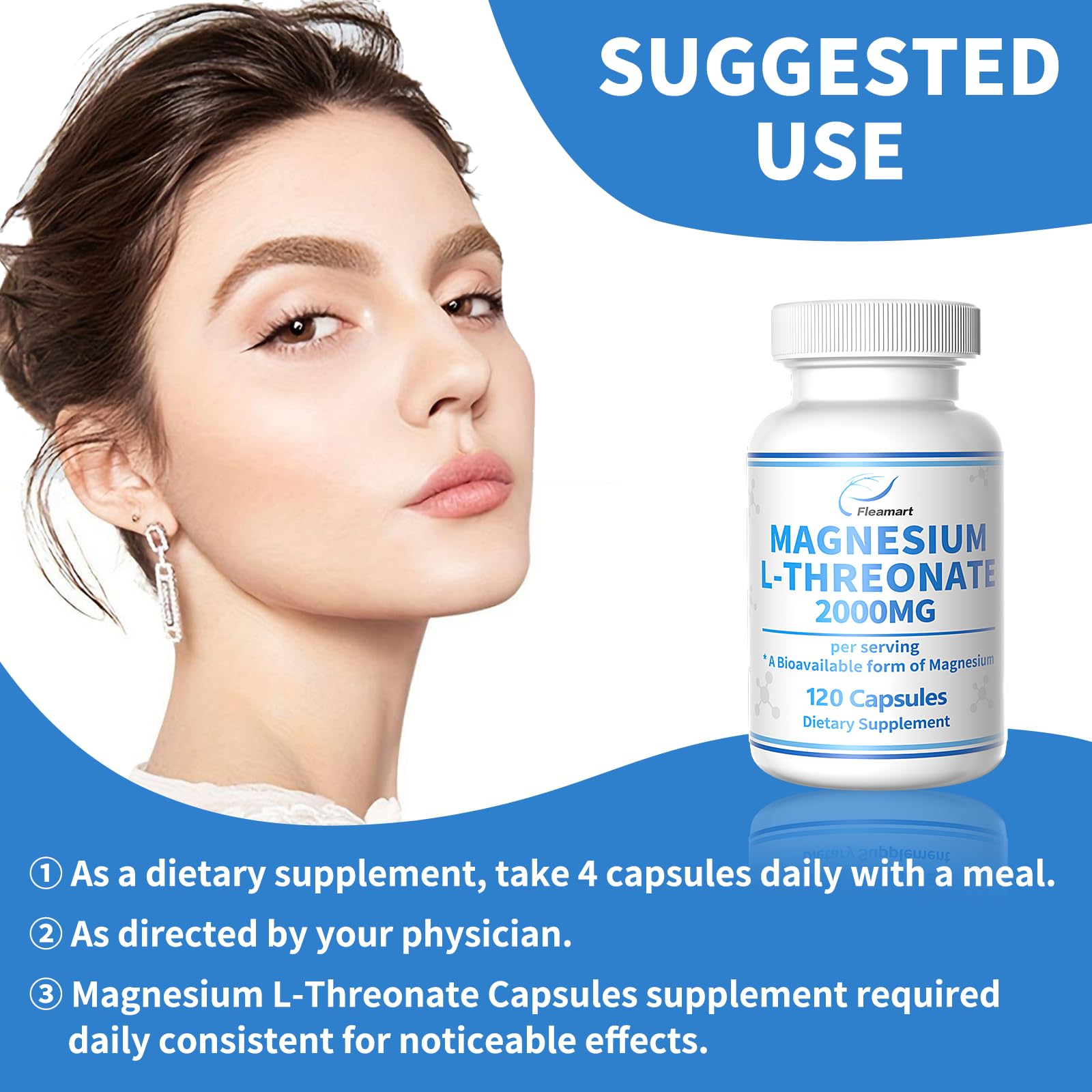 Magnesium L-Threonate Capsules for Brain & Sleep and Memory & Attention Magnesium L-Threonate 2000mg Complex High Absorption Supplement 120 Capsules, 30 Day Supply