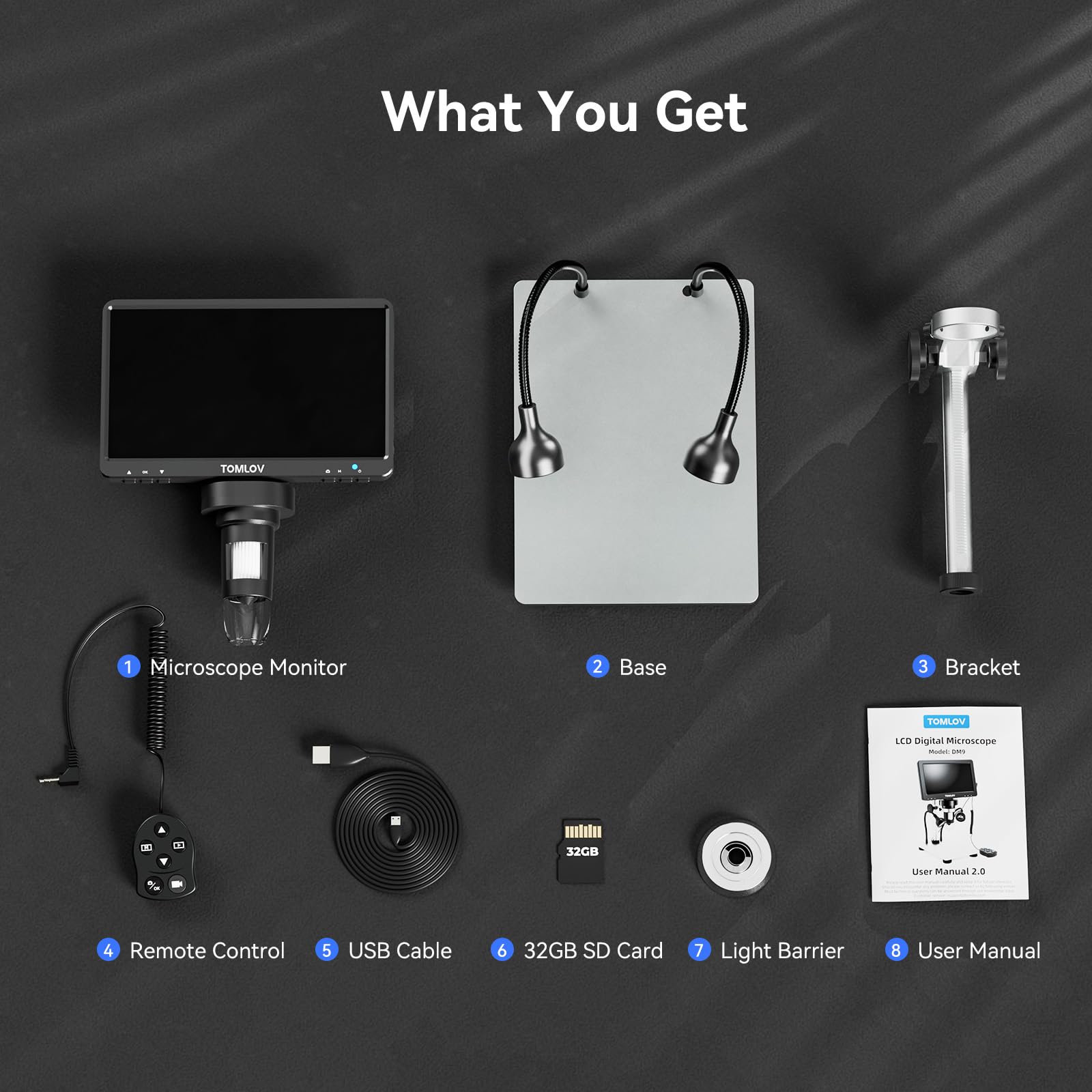 TOMLOV DM9 7" Digital Microscope: 1080P 1200X Coin Microscope Magnifier, 12MP Ultra-Precise Focusing LCD Soldering Microscopes for Adults, PC View, 32GB