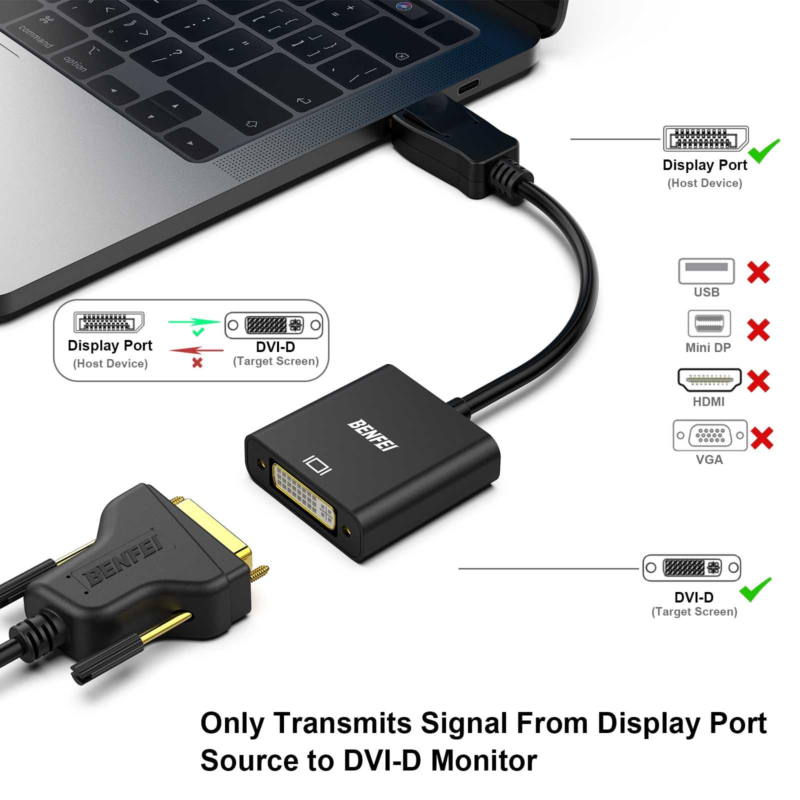 BENFEI DisplayPort to DVI DVI-D Single Link Adapter,Uni-Directional Display Port Computer to DVI Screen Converter 1080P 60Hz Male to Female Black Compatible for Lenovo, Dell, HP and Other Brand