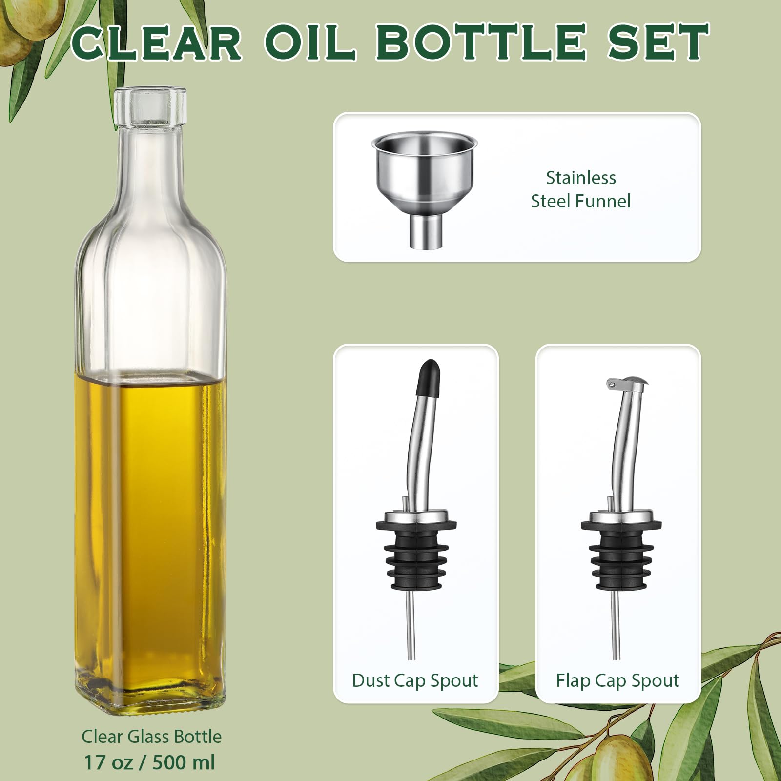 AOZITA 17oz Clear Glass Olive Oil Dispenser Bottle - 500ml Oil & Vinegar Cruet with Pourers and Funnel - Olive Oil Carafe Decanter for Kitchen