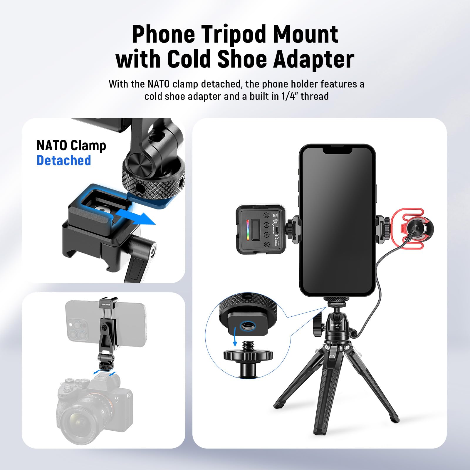 Neewer Metal Phone Tripod Mount with Cold Shoe Mount & NATO Clamp for DJI RS4 RS3 Pro RS2 RSC2 Gimbal Stabilizer, 180° Tilt Phone Clamp Clip Holder Compatible with iPhone 15 Pro Camera Cages, GA010