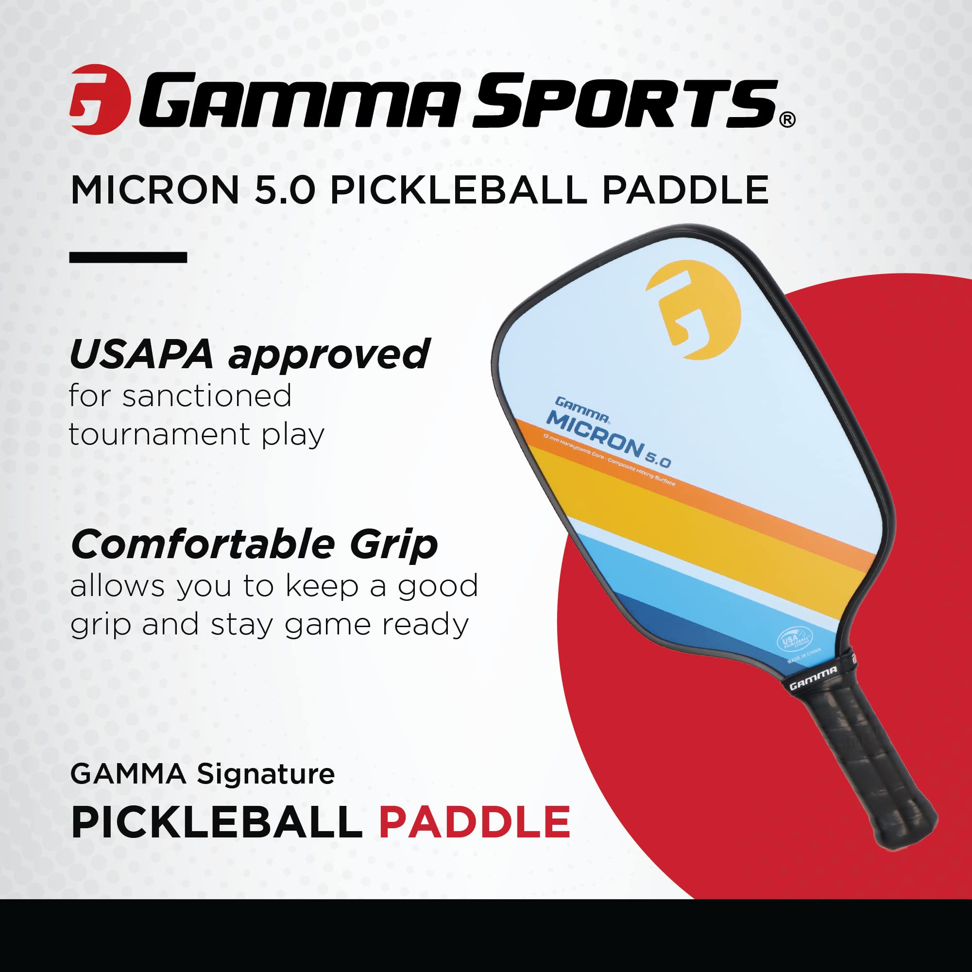 GAMMA Sports Micron 5.0 Pickleball Paddle, Quantum Series Composite Pickleball Paddle with Polypropylene Core and Honeycomb Grip, Blue and Orange, 4 (1/8)