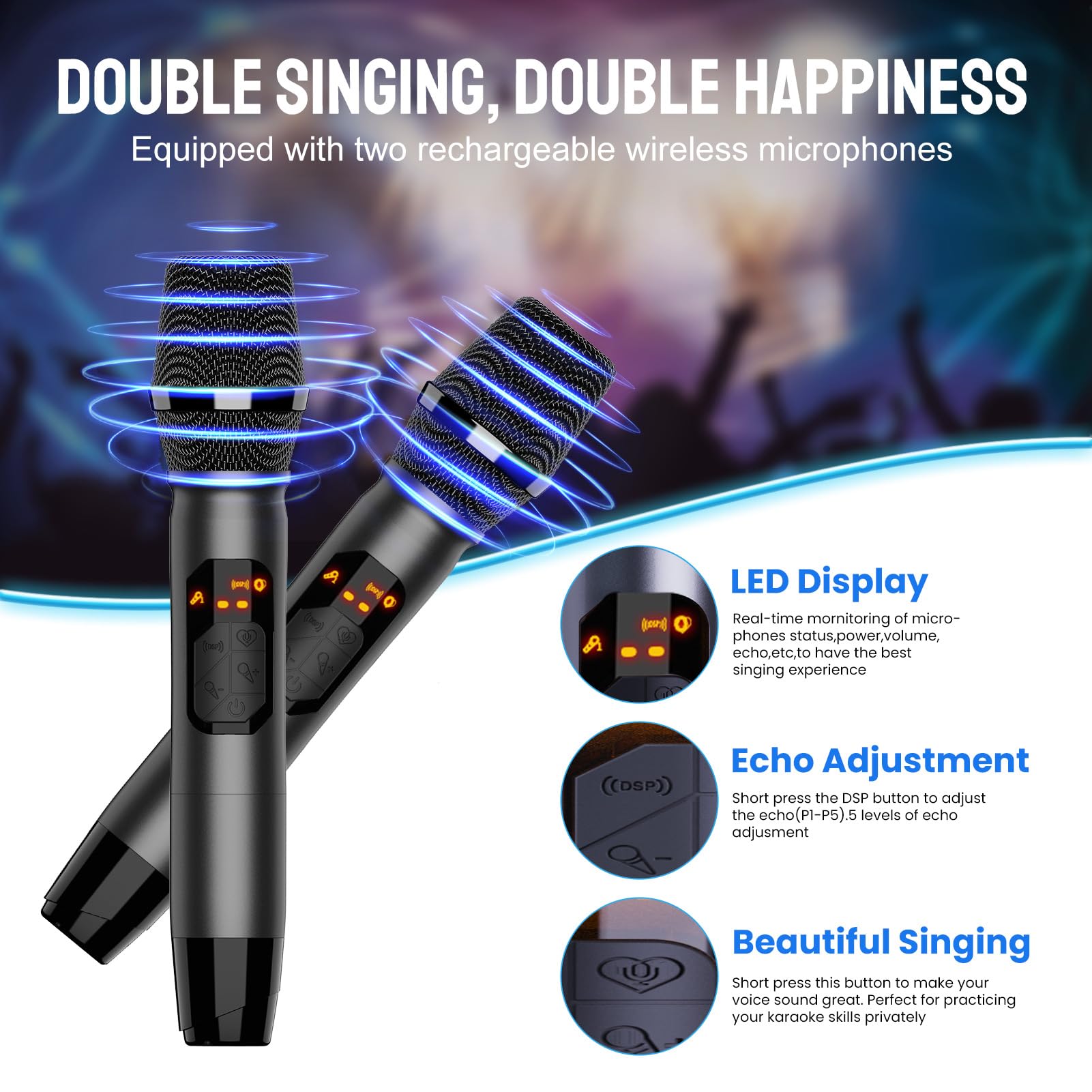 RHM K666PLUS Karaoke Machine with Powerful Sound & RGB Lights, 2 Wireless Microphones, Rechargeable Battery, 7 Hours Playtime, Support Bluetooth/AUX/USB/PC for Home/Party/Wedding/Outdoors/Christmas