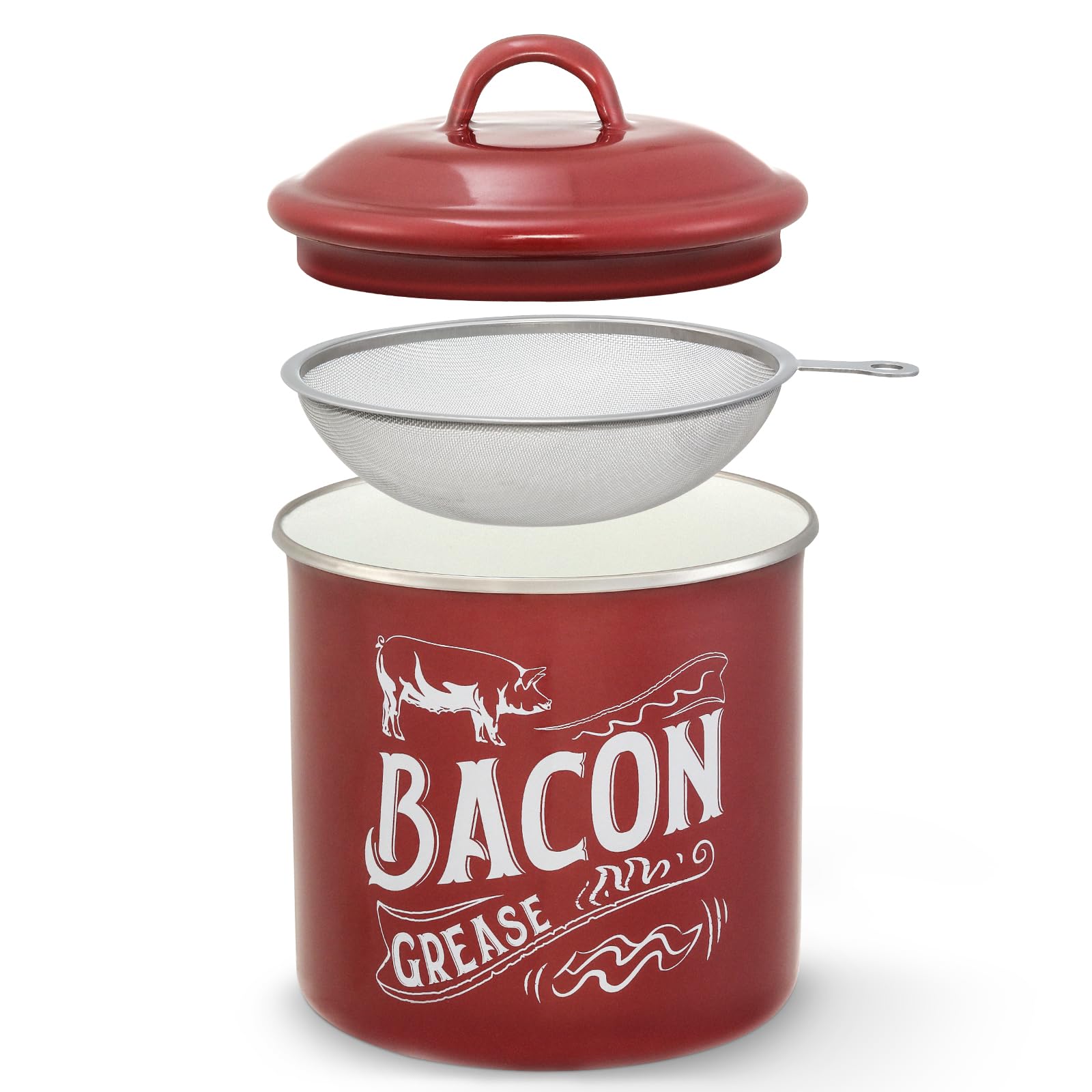 1.3L Bacon Grease Saver Container with Fine Strainer - Red Enamel & Stainless Steel Oil Keeper Can for Bacon Fat Dripping - Farmhouse Kitchen Gift & Decor Cooking Accessories - Dishwasher Safe