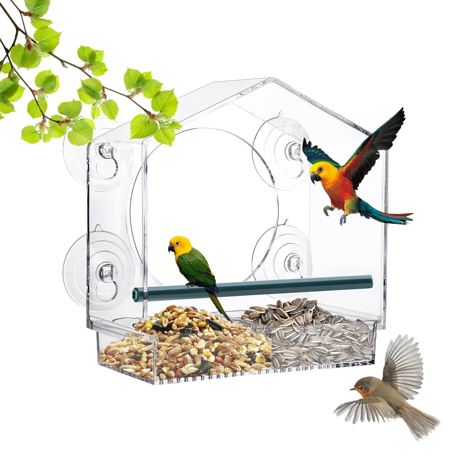 Window Bird Feeder with 4 Extra Strong Suction Cups, Drainage Holes Detachable Seed Tray Easy Install and Clean Bird Feeders for Window Outdoor Window Bird Feeders for Viewing