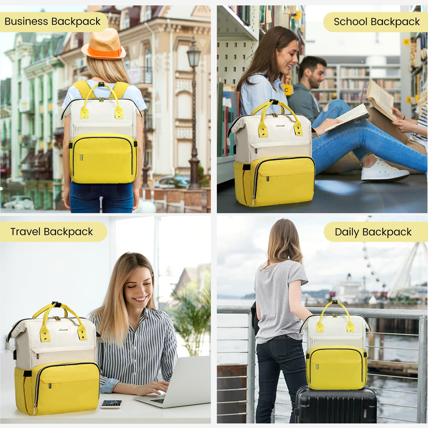 LOVEVOOK Laptop Backpack Purse for Women, Large Travel Work Bags with 17-Inch Laptop Pocket, Fashion Business Computer Backpacks with USB Port, Teacher Doctor Nurse Backpack, Beige-Yellow