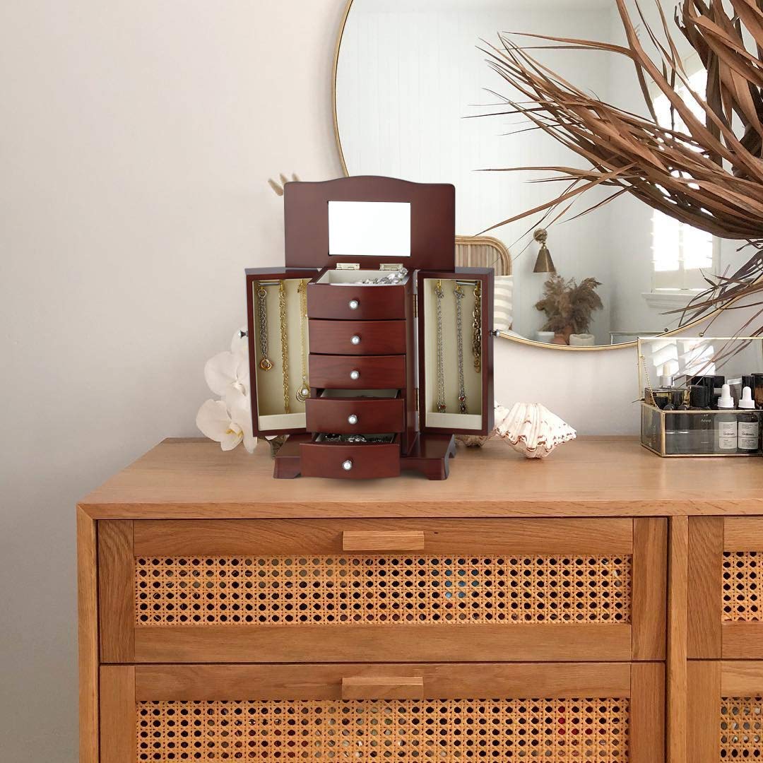 RR ROUND RICH DESIGN Jewelry Box - Made of Solid Wood with Tower Style 4 Drawers Organizer and 2 Separated Open Doors on 2 Sides and Large Mirror Brown