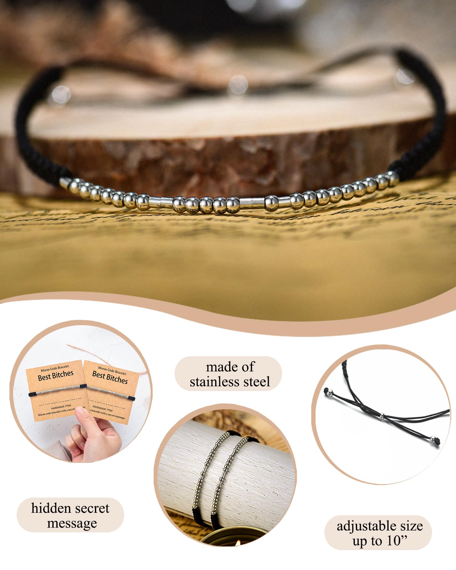 Shonyin Chirstmas Gifts for Friends Best Bitches Morse Code Bracelets for Women Friendship Matching Bracelet Set Best Friends Galentines Day Jewelry Unique Gifts for 3