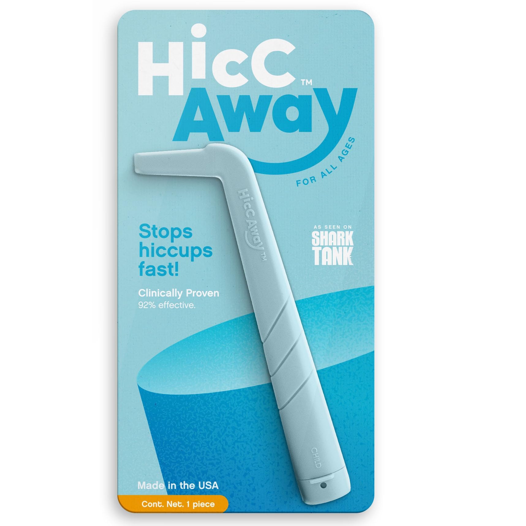 HiccAway Hiccup Straw - Stops Hiccups Naturally & Fast - As Seen On Shark Tank - Clinically Proven Relief for All Ages, Children & Adults - Safe, Lightweight, & Reusable (HiccAway Baby Blue) 1 Pack