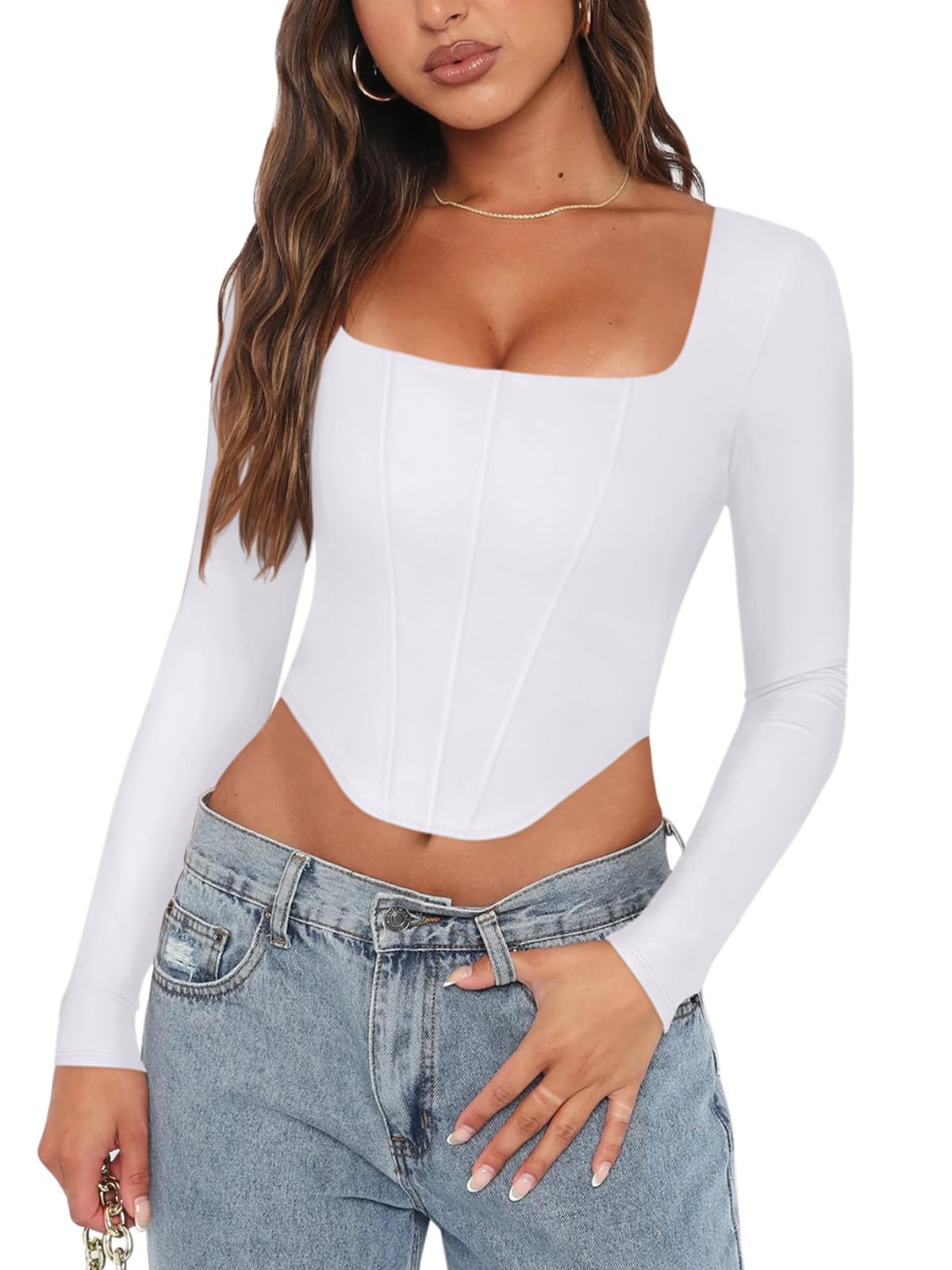 REORIA Womens Sexy Casual Square Neck Long Sleeve Backless Shirts Y2K Trendy Going Out Concert Outfits Boned Bustier Corset Crop Tops White Medium