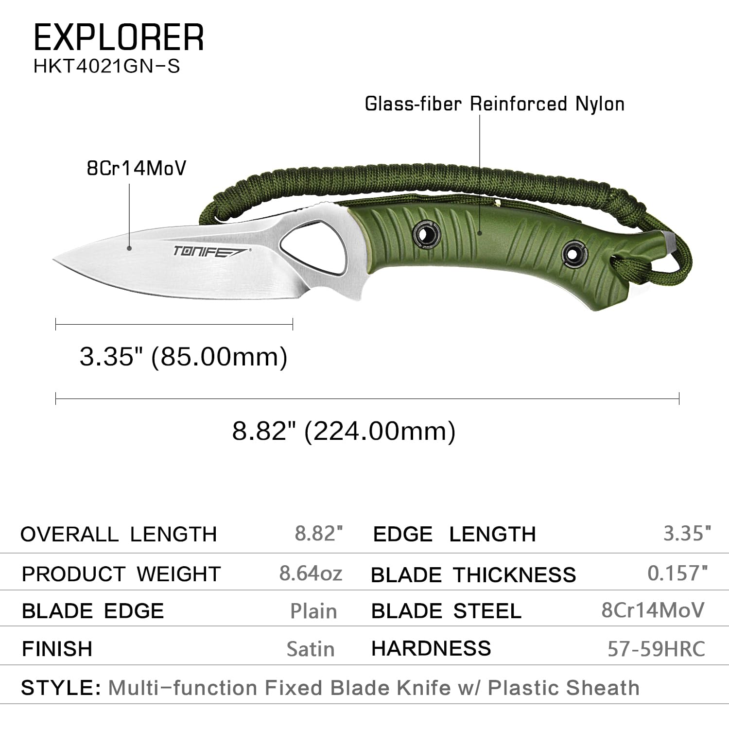 TONIFE Explorer Fixed Blade Knife with Plastic Sheath 8Cr14MoV Blade Survival Knife, Fiberglass Reinforced Nylon Handle for Outdoor Camping Knife EDC Knife (Green+Satin)