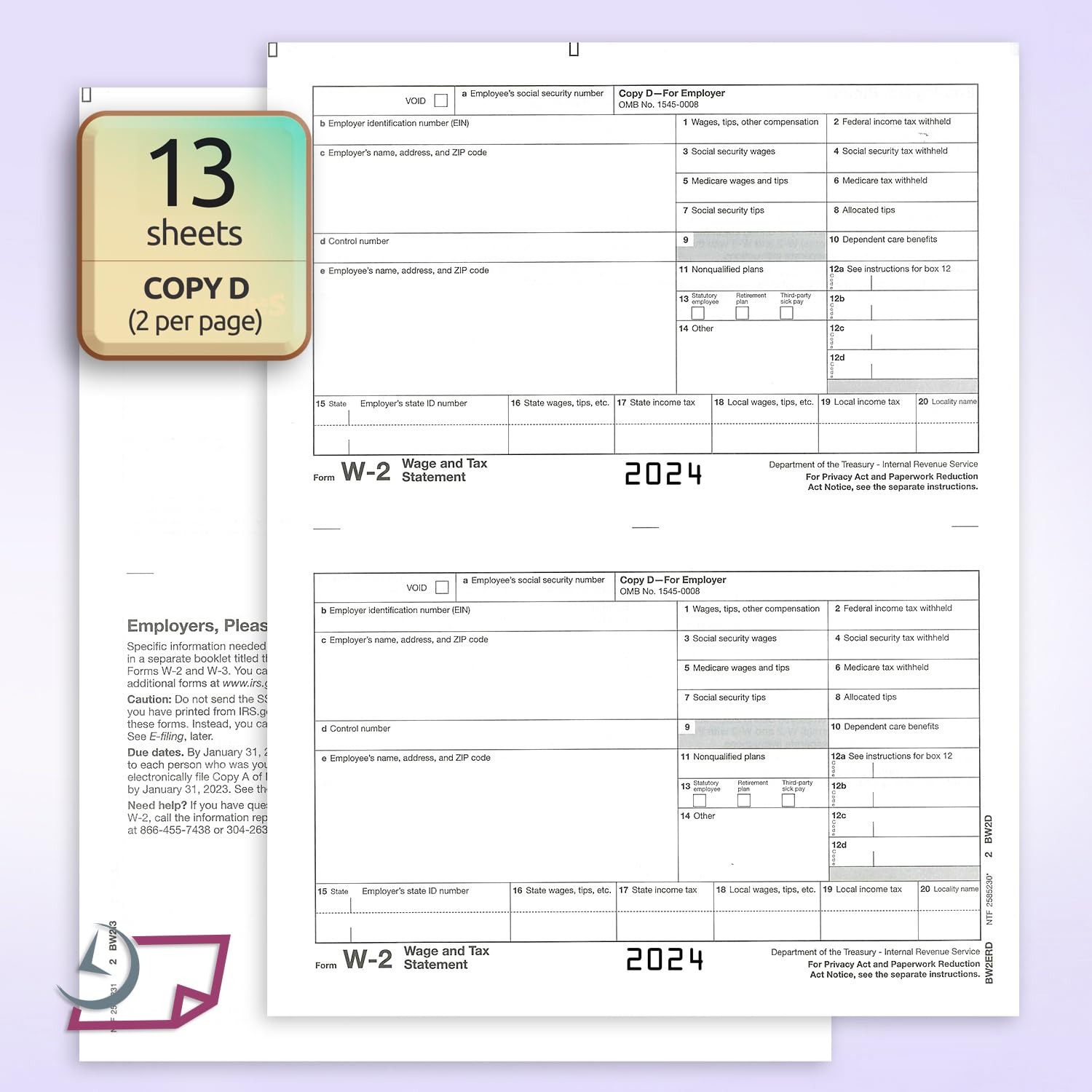 W2 Forms for 2024, 4 Part Tax Forms, Laser Ink/Jet Forms for QuickBooks and Accounting Software (Set of 25 with Self Seal Envelopes)