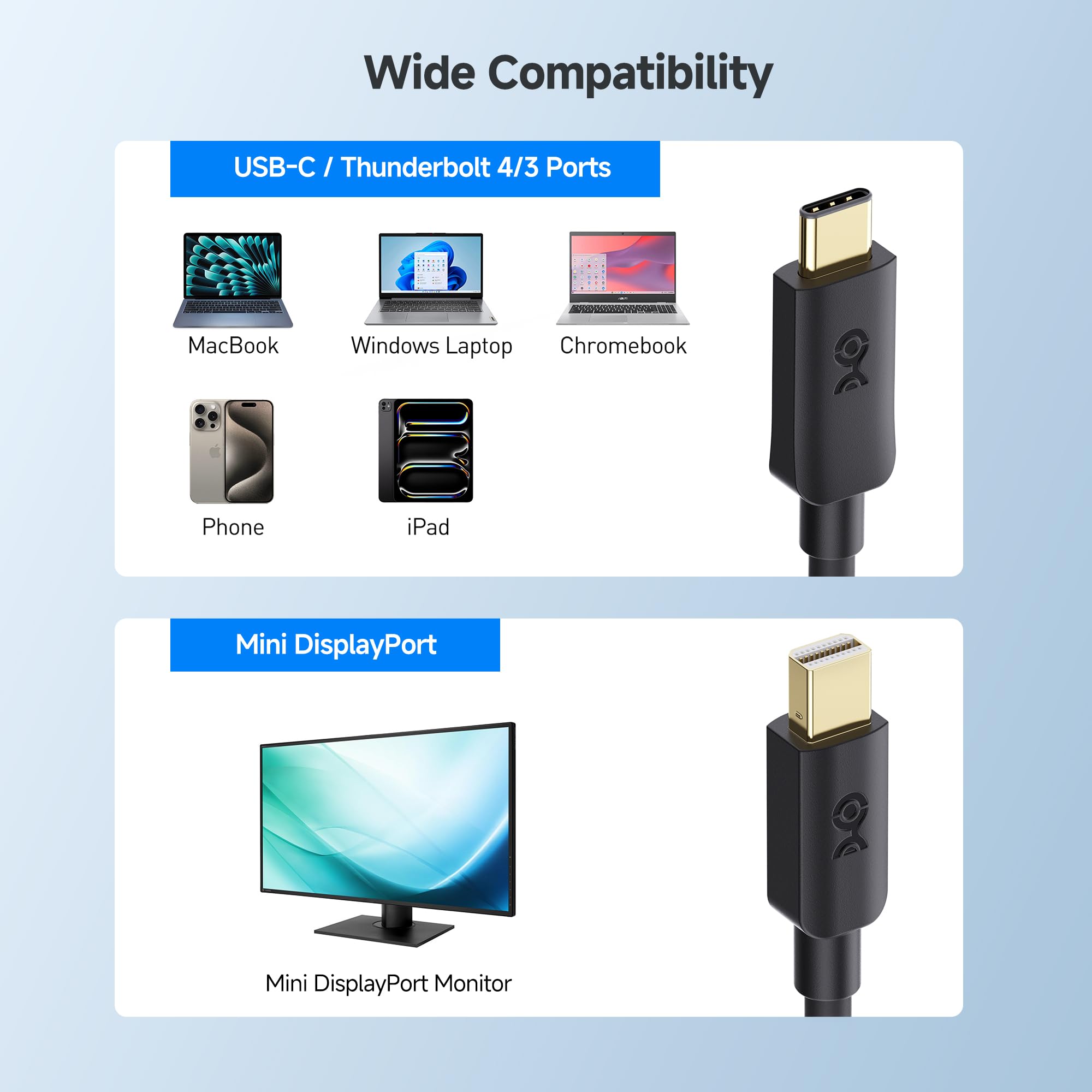 Cable Matters Unidirectional USB C to Mini DisplayPort Cable 6ft, Mini DisplayPort to USB C Cable Support 4K 60Hz -Not Compatible with Portable USB-C Monitor, USB C/Thunderbolt Storage, Hard Drives