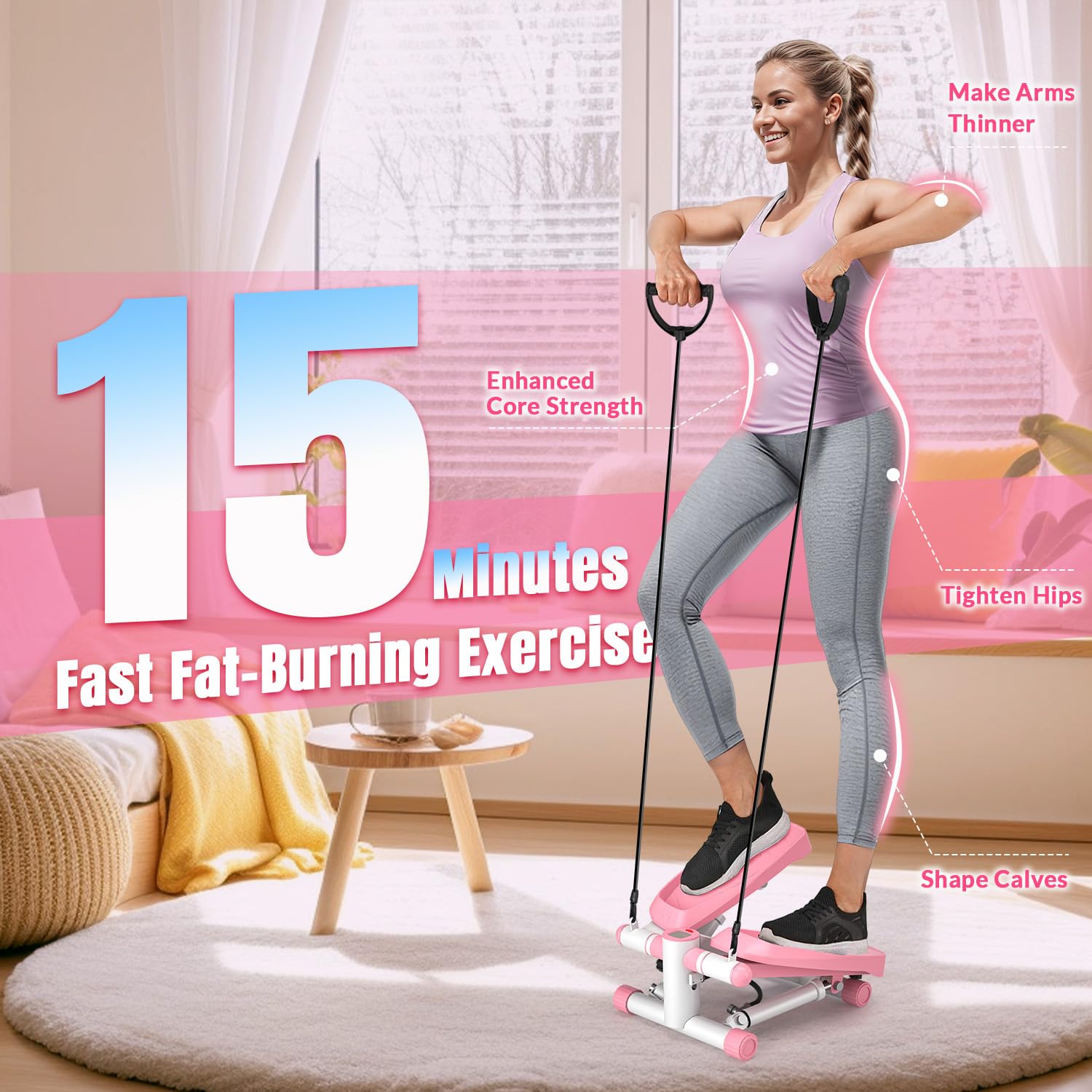 VitalLeap Steppers for Exercise at Home, Adjustable Resistance Stair Steppers for Women with Arm Training Bands, 10DB Super Quiet Mini Steppers with 350LBS Loading Bearing Home Fitness Equipment