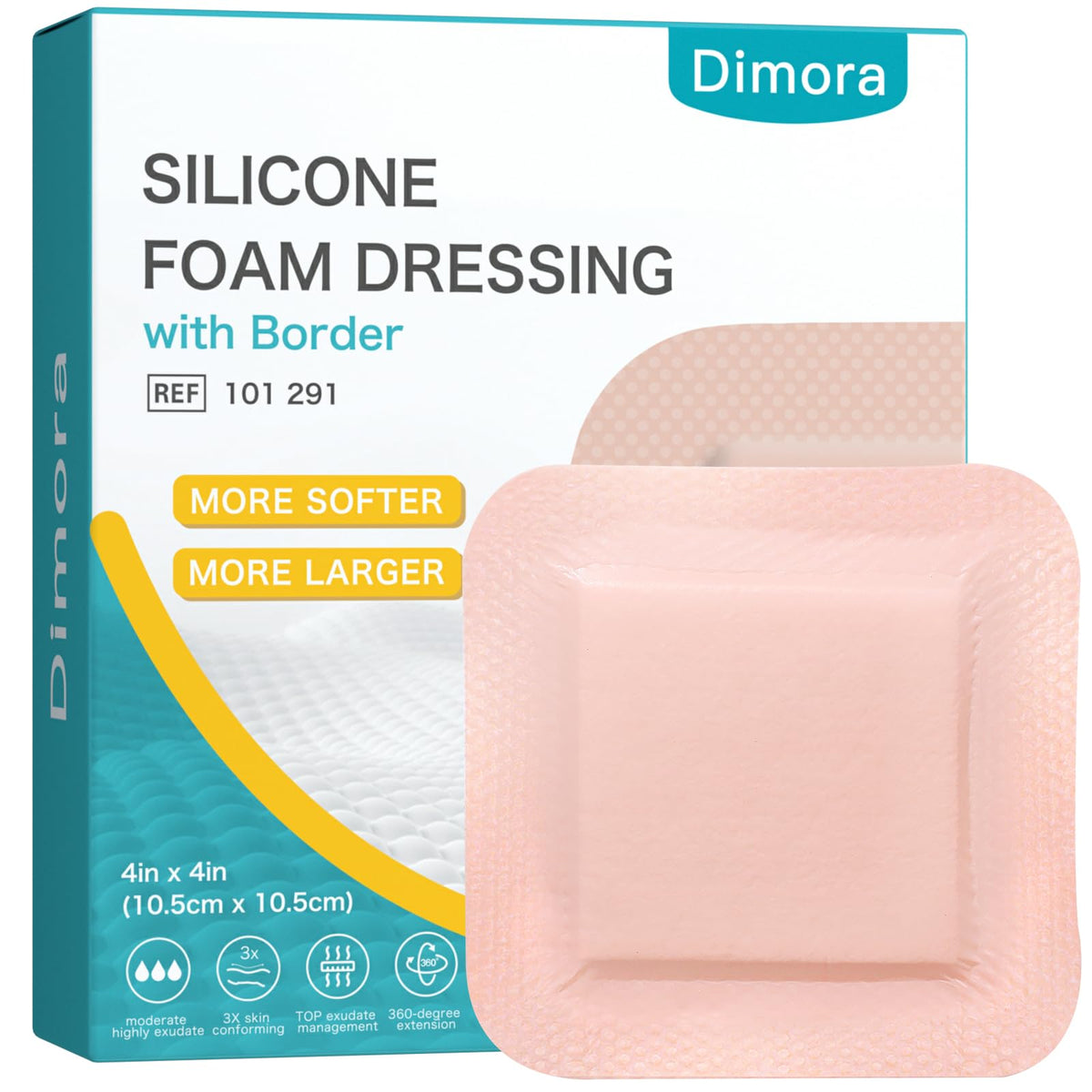 Dimora Ultra Soft Silicone Foam Dressing 4"x4" - Upgraded Super Absorbency Wound Dressing with Widened Border, Adhesive Foam Bandages for Bed Sores, Burn, Diabetic Ulcer, Surgical Wound (10 Pack)