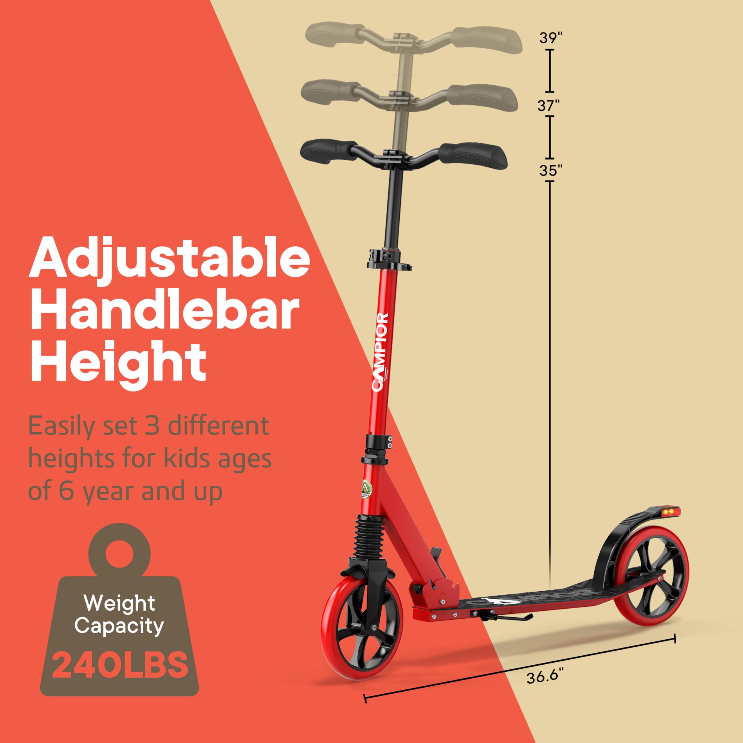 Campior Kick Scooter for Ages 6+, for Kids, Teens, and Adults, Max Load 240 LBS, Foldable, 8-inch Big Wheels for Kids and Adults, with Kickstand, 3 Adjustable Levels, Child Safety Approved, Red