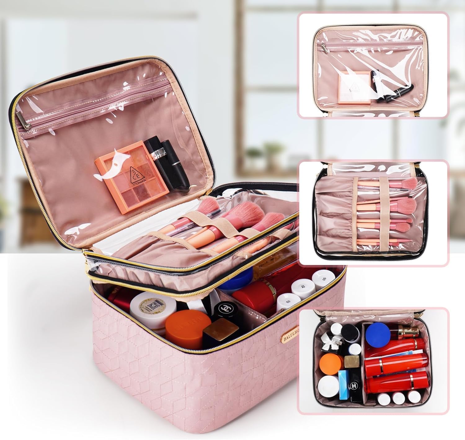 BALULHG Large Travel Makeup Bag - Double-Layer Cosmetic Organizer for Brushes and Toiletry Essentials, Ideal for Women