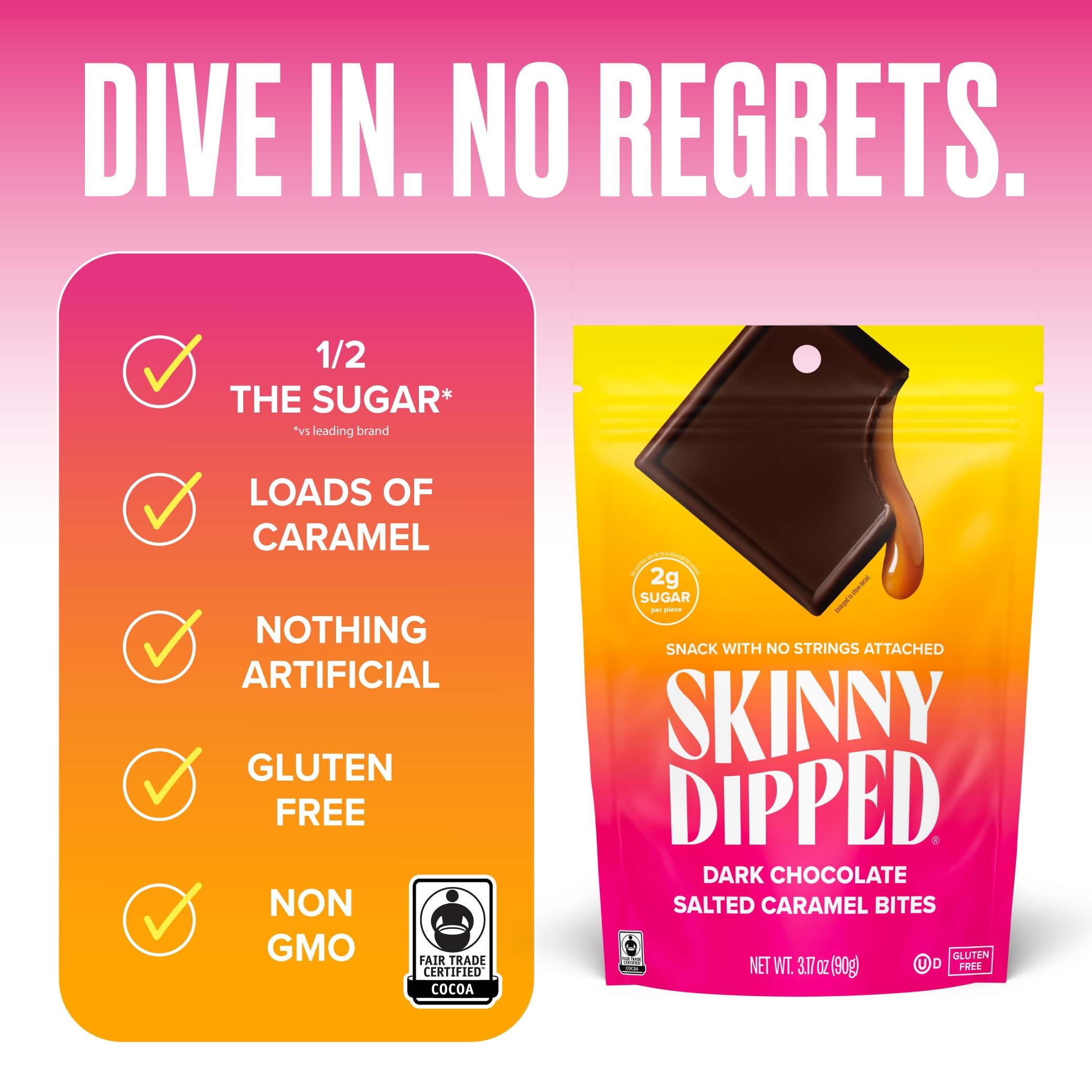 SkinnyDipped Dark Chocolate Salted Caramel Bites, 2g Sugar per Piece, Keto Friendly, No Palm Oil, Gluten Free, 4 Pack