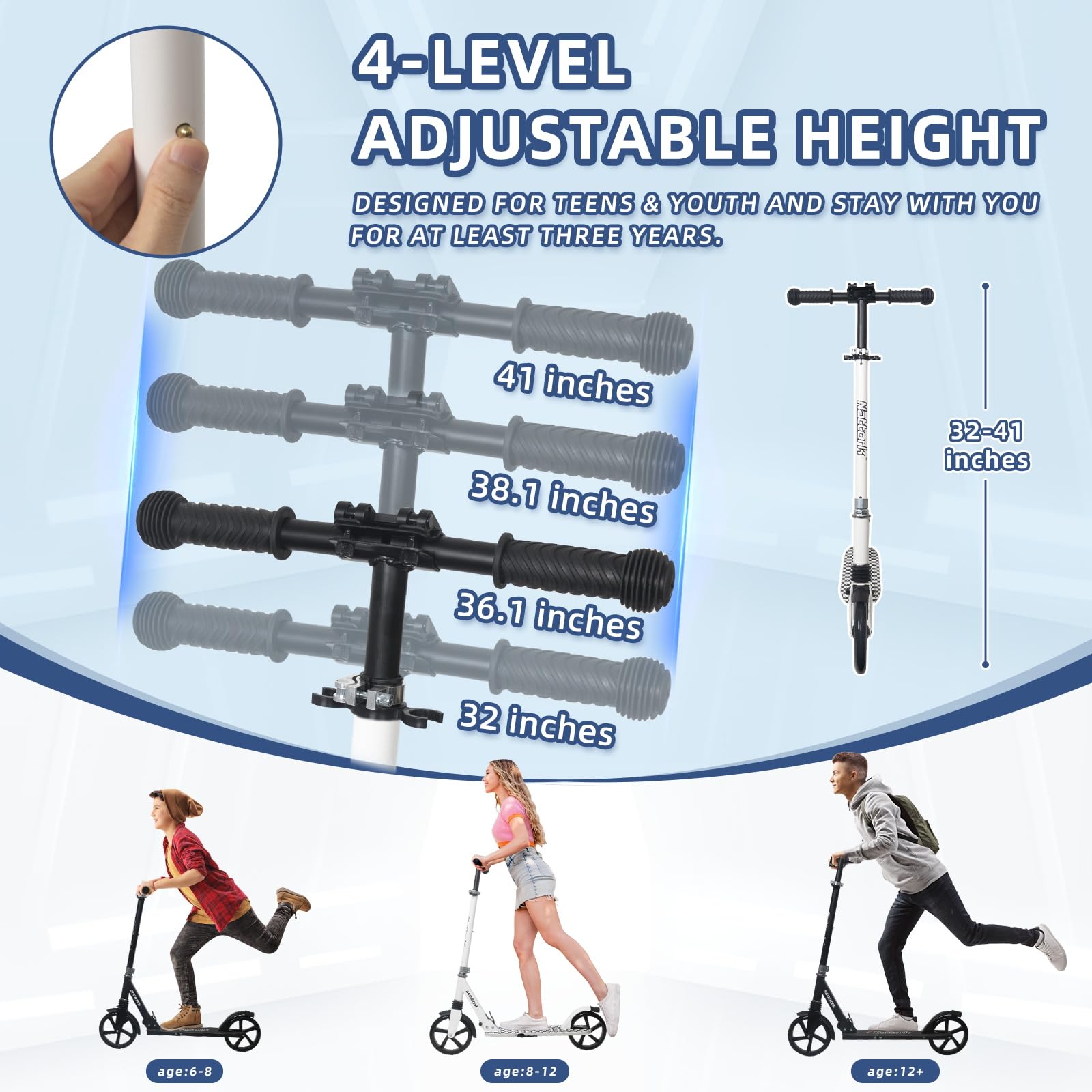 Nattork Kick Scooter for Kids 6+ Years Teens Adults - 220LB Weight Capacity, Front Shock Absorber and Adjustable Handlebar - Smooth Ride with 8" Sturdy Wheels, Ideal for Outdoor Sports White