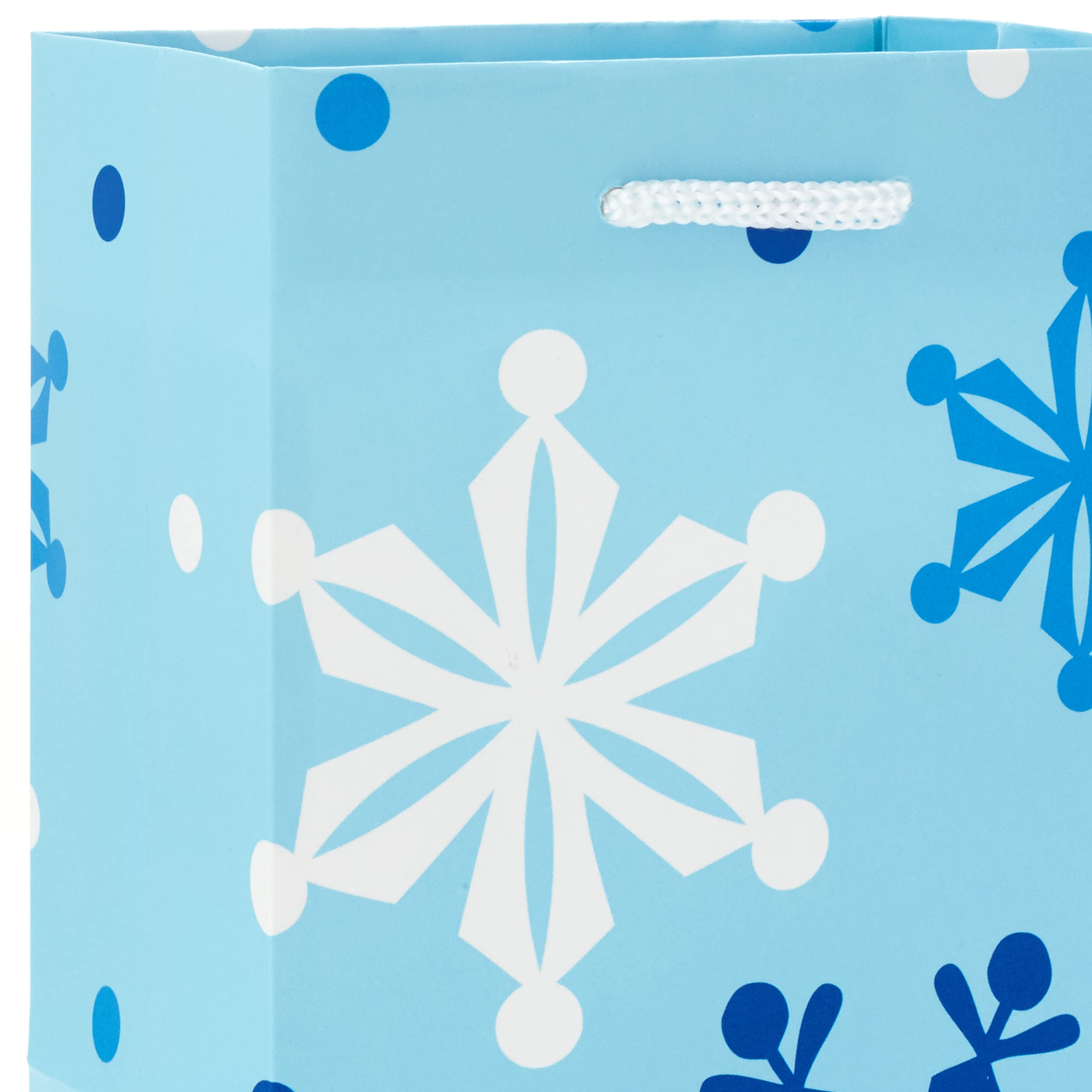 Image Arts 5" Small Gift Bags Bulk (10 Blue and White Bags, Snowflakes, Stripes, Snowmen, Polka Dots) for Kids, Coworkers, Gift Cards, Party Favors