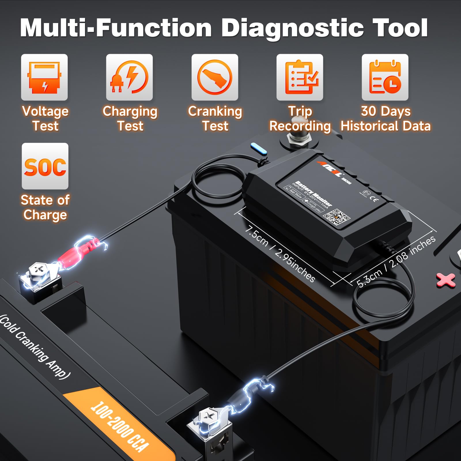 ANCEL BM300 12V Battery Monitor - Bluetooth 4.0 Automotive Voltmeter with Charging, Cranking System Test & Alarm - Compatible for Solar Power Systems, RVs, Motorcycles, Boats, Cars, and Trucks