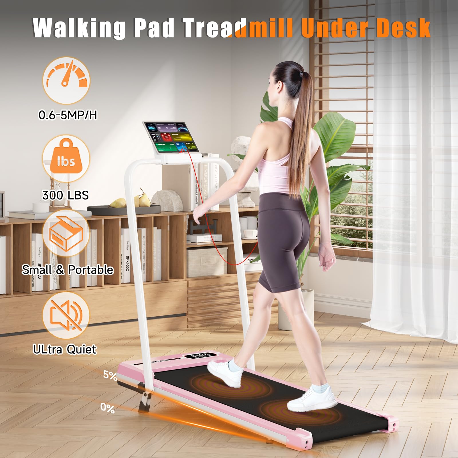 Incline Walking Pad with Handle Bar, Foldable Portable Under Desk Treadmill for Home Office, Ultra Quiet <45dB, Safety Lock, 300+ LB Capacity, Pink