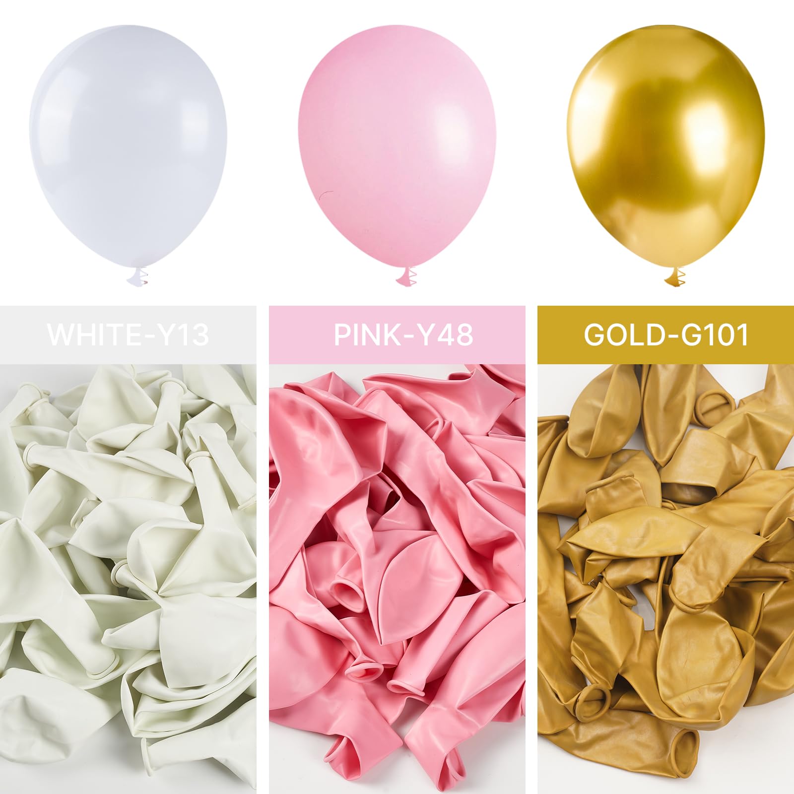 PartyWoo Pink and White Balloon Arch Kit Garland 140 pcs Different Sizes of 18 12 10 5 Inch Light Pastel Pink Metallic Gold Confetti and White Balloons for Baby Shower Birthday Party Decorations